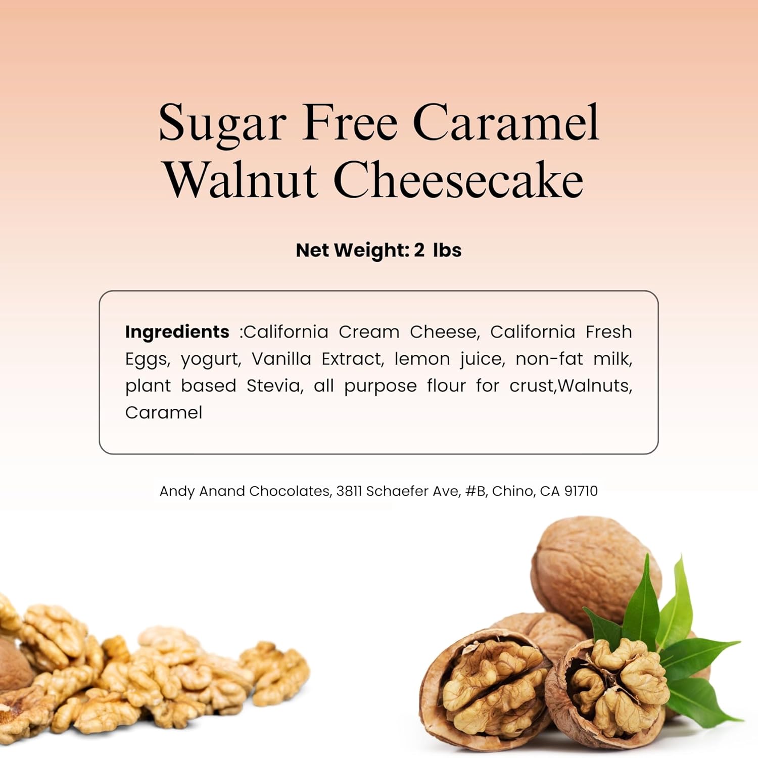 ANDY ANAND CHOCOLATIER Sugar Free Caramel Walnut Cake, 9-Inch, 2 lbs - Freshly Baked, All-Natural Ingredients, No Preservatives - Gourmet, Delicious & Moist Dessert