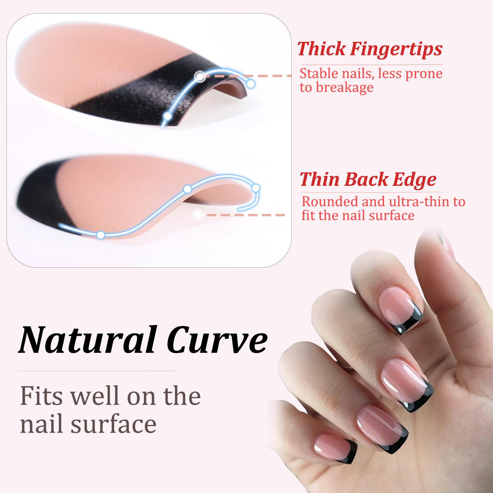 Uñas postizas con punta francesa - 240 uñas acrílicas medianas - Cobertura total - Kit de manicura francesa for mujeres(Pink-Black)