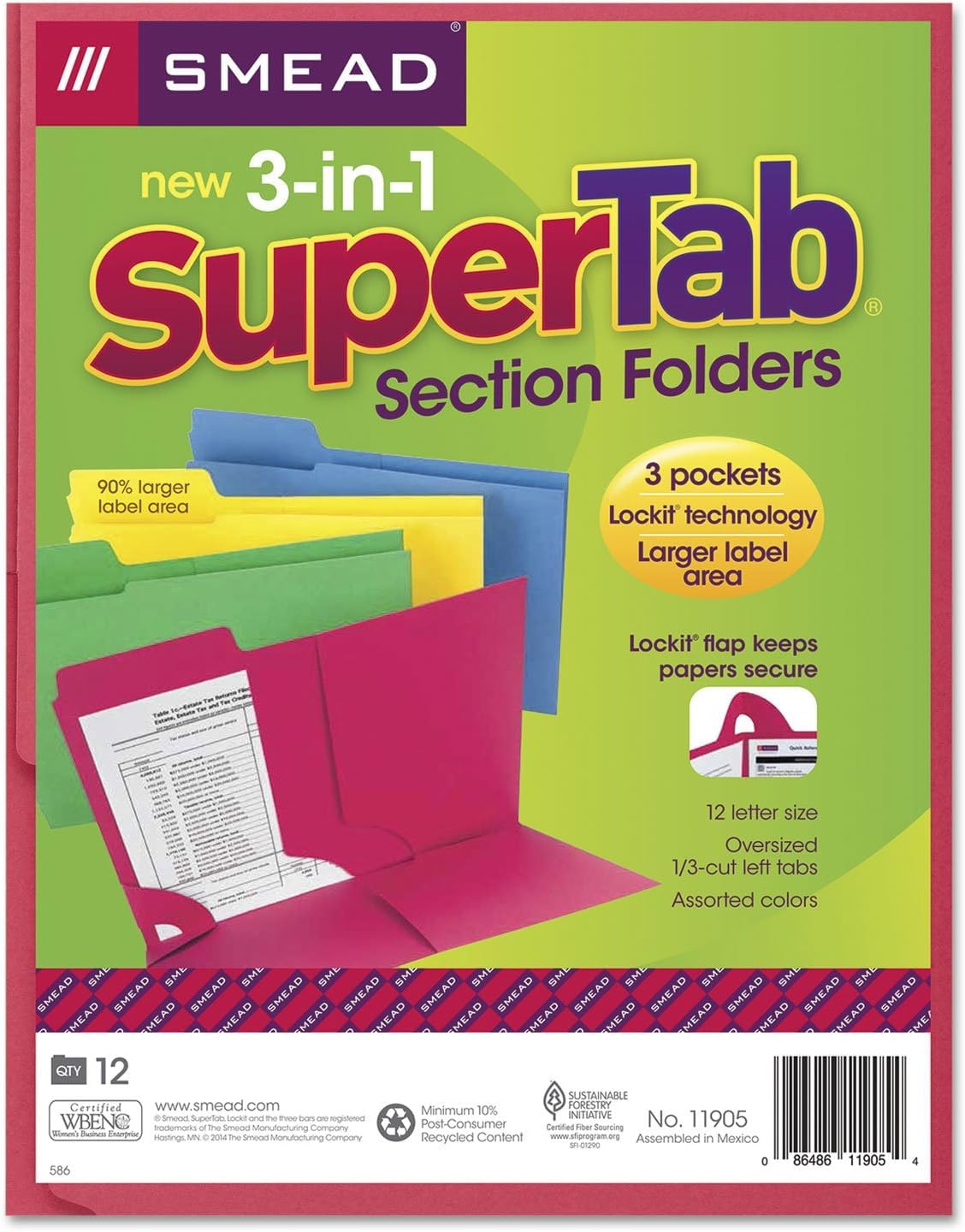Smead 3-in-1 SuperTab Section Folder, 1/3-Cut Oversized Tab, Letter Size, Assorted Colors, 12 Count (11905)