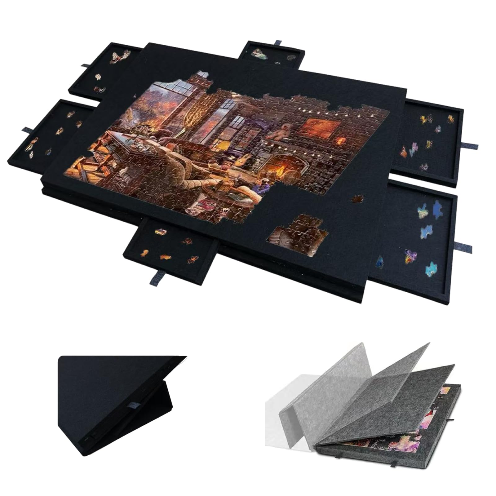 Mesa de Rompecabezas Plegable inclinable con Soporte y Tapa, Tablero de Rompecabezas portátil, Fieltro Ligero, 6 cajones, para Adultos de hasta 1000-1500 Piezas Black 77*53.6*4.2cm