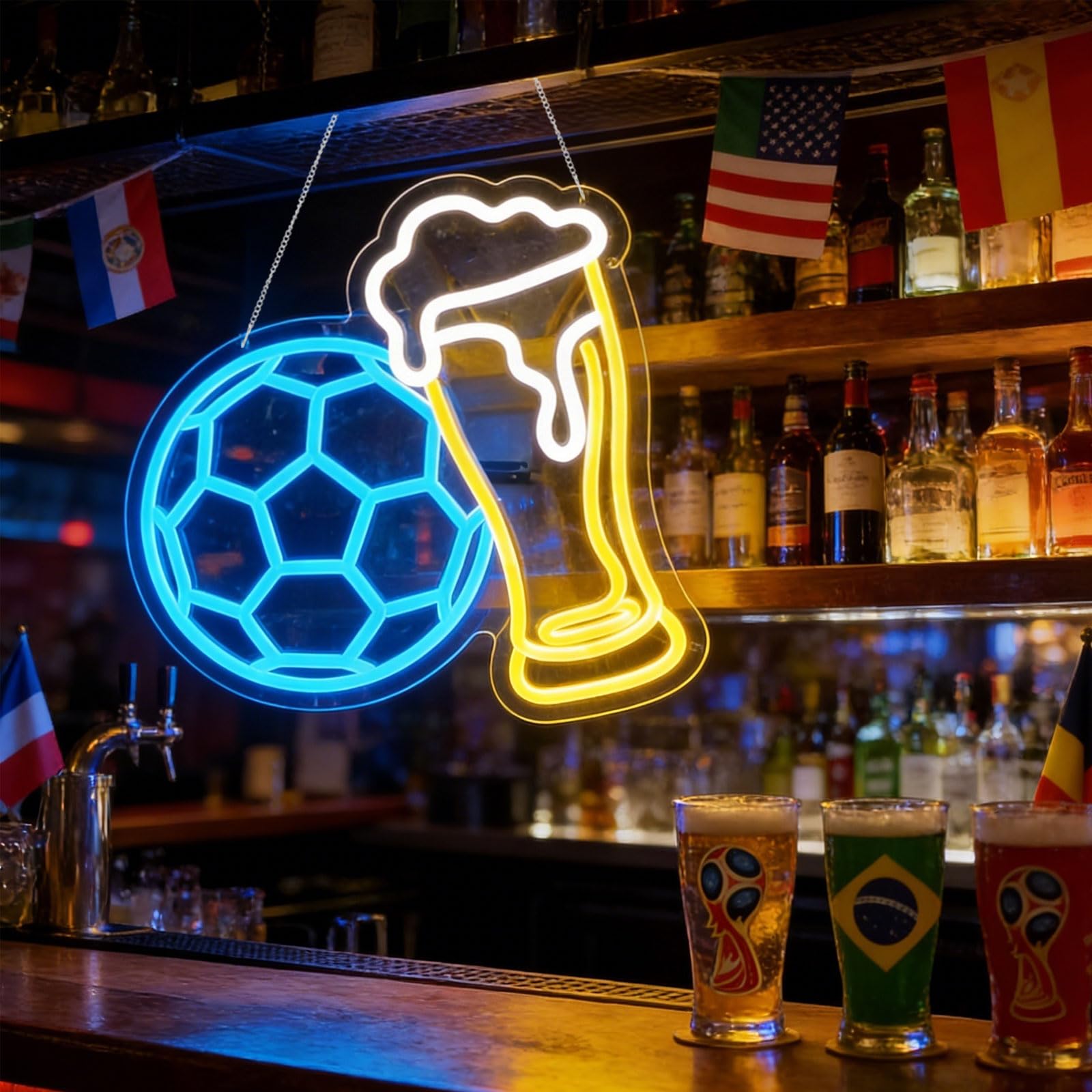 Fußball-Neonschild für Bar, Wanddekoration, WM 2026, Dekoration für Männerhöhle, Spielzimmer, Fußball, Party, dimmbar, USB, Fußball, Bierlicht, Geschenke für Fans, Größe: 35,1 x 32 cm