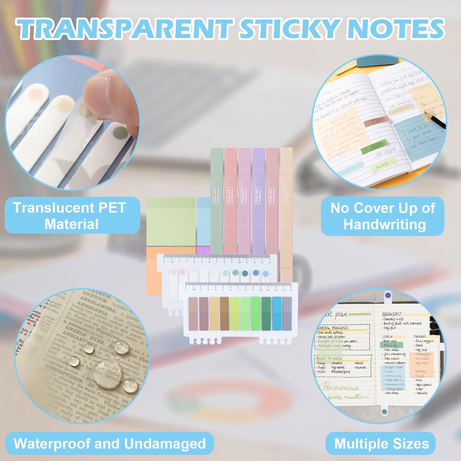 TAIHOBO 600PCS Sticky Notes, 6 Highlighters Pastel with Dual Tip, Transparent Book Tabs with Pastel Highlighter - Image 3