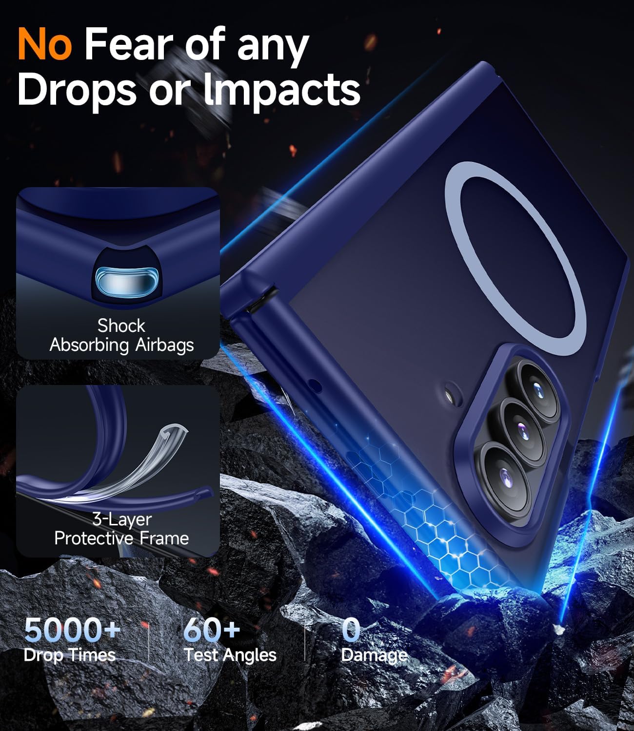 for Samsung Galaxy-Z-Fold-7 Magnetic Case: Compatible with Magsafe & Built-in Hinge Protection & HD Screen Protector - Lightweight Durable Translucent Matte Phone Cover for Z Fold7 5G 2025 (Blue)