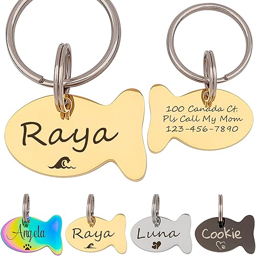 Miniatura 10 de Anavia Cat Head & Fish Shape Pet ID Tags, Personalized Funny Icon Design Cat Name Tag, Customized Gold Plated Glossy Stainless Steel Black Rainbow