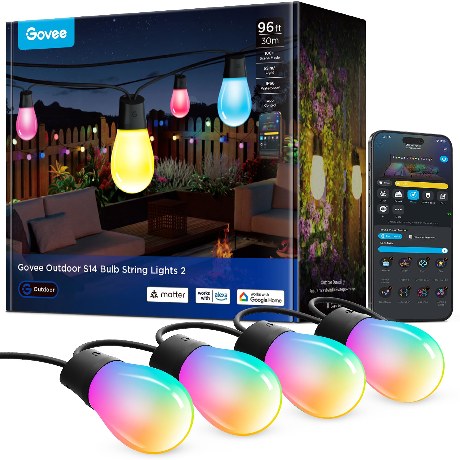 Govee Bombilla Inteligente para Exterior, 30M LED RGBIC, IP66, WiFi | 111 Modos de Escena,Blanco Cálido,IP66 Impermeable,Funcionan con Alexa,Patio Trasero y Navidad,App Control - 96ft