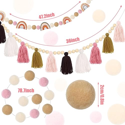 Miniatura 2 de Tatuo 4 guirnaldas bohemias con borlas de arco iris, pompones, decoración para colgar en la pared, borla pastel, decoración bohemia para aula, bolas