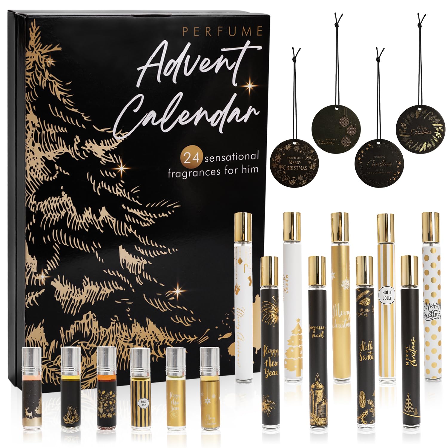 Parfüm Adventskalender 2026 Männer, 24 teiliges Duftset - Enthalten 35 ml Parfüm, Ätherische Öle und Auto Duft Diffuser, Weihnachtskalender Geschenk für Herren