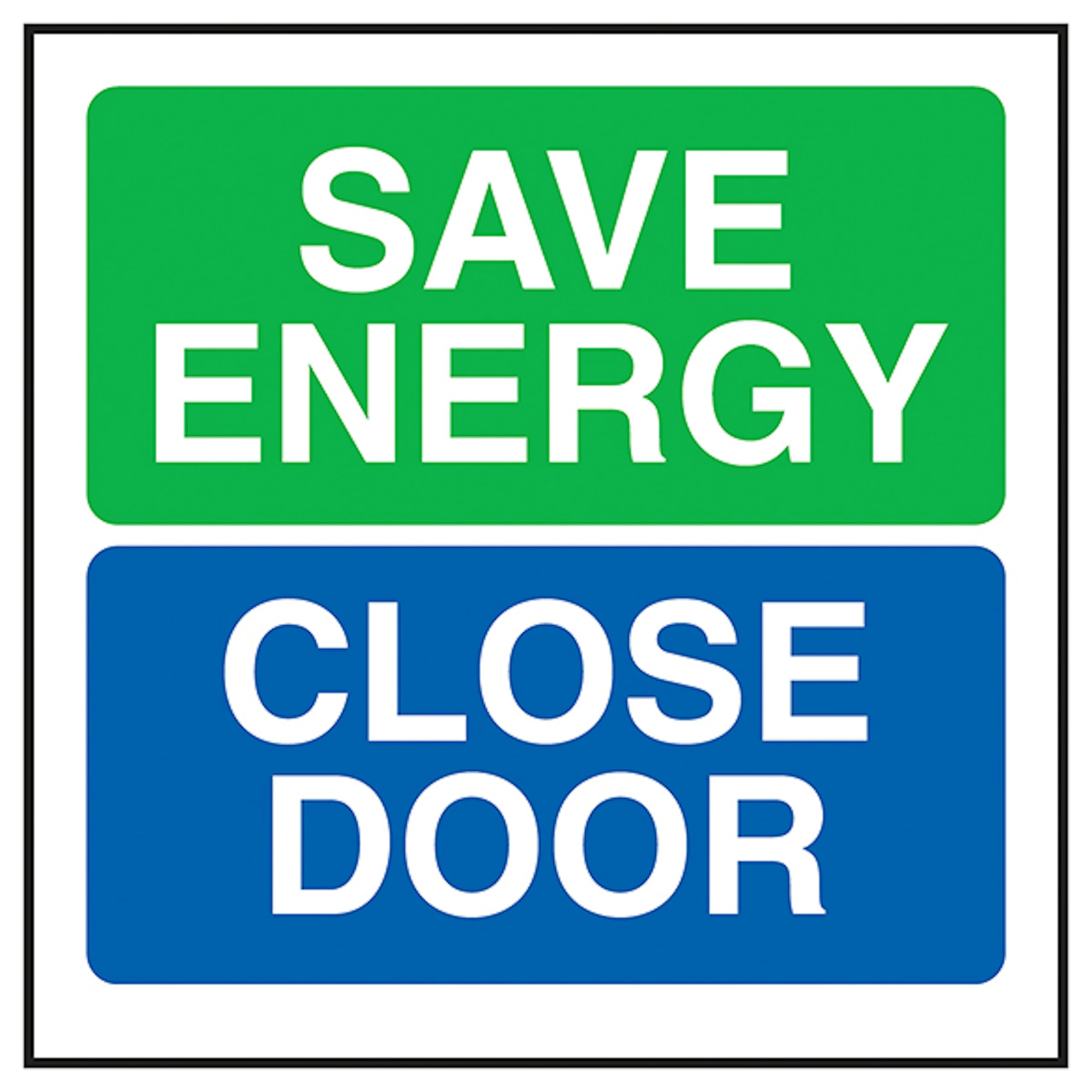 V Safety Save Energy Close Door 100 x 100 mm - Glow In The Dark 1mm Rigid Plastic Safety Sign