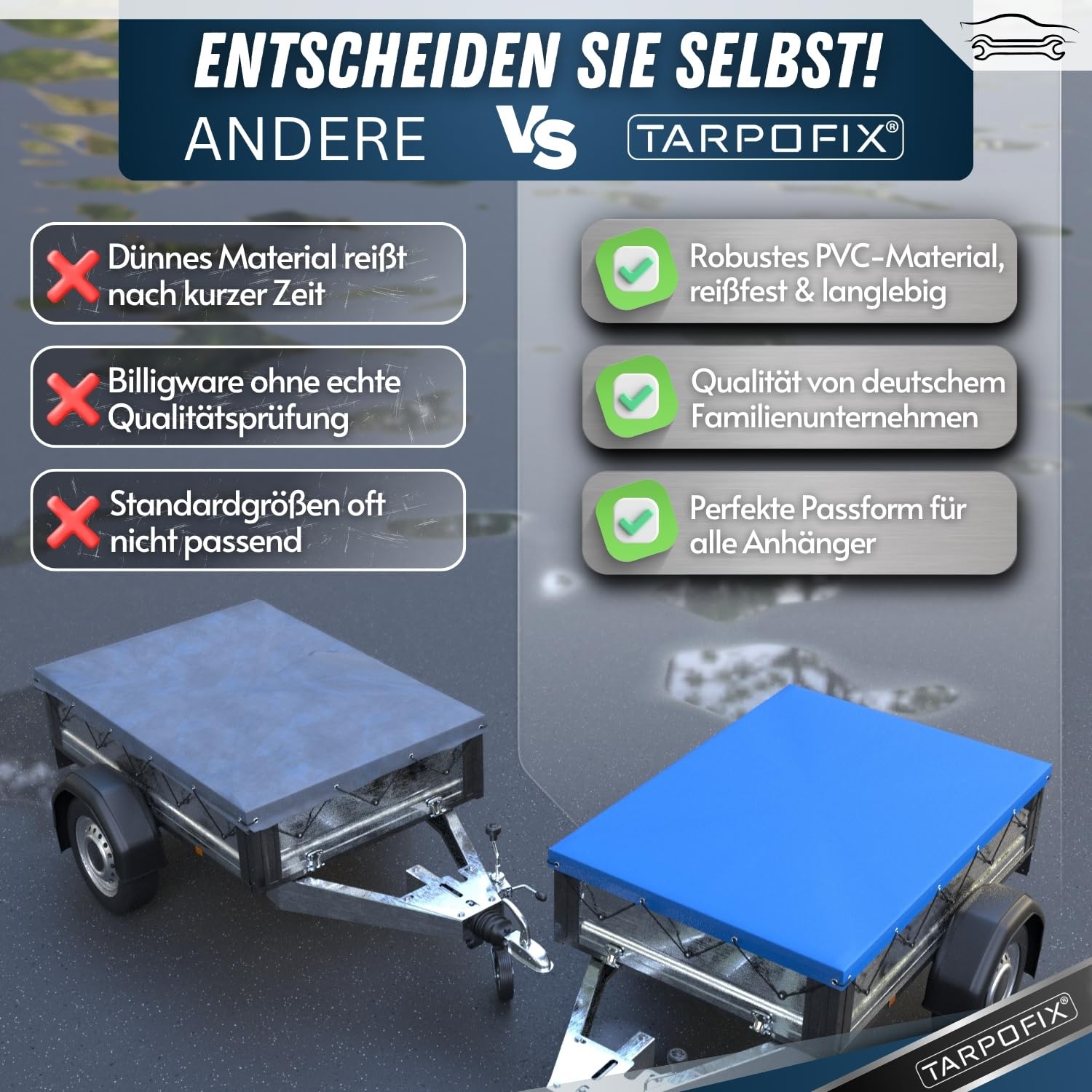 Tarpofix® Eduard 2615 Anhänger Flachplane 266 x 160 cm mit Planenseil | PVC Flachplane | verstärkte Plane für PKW Anhänger | Anhänger Zubehör Anhängerplane | Blau - 5