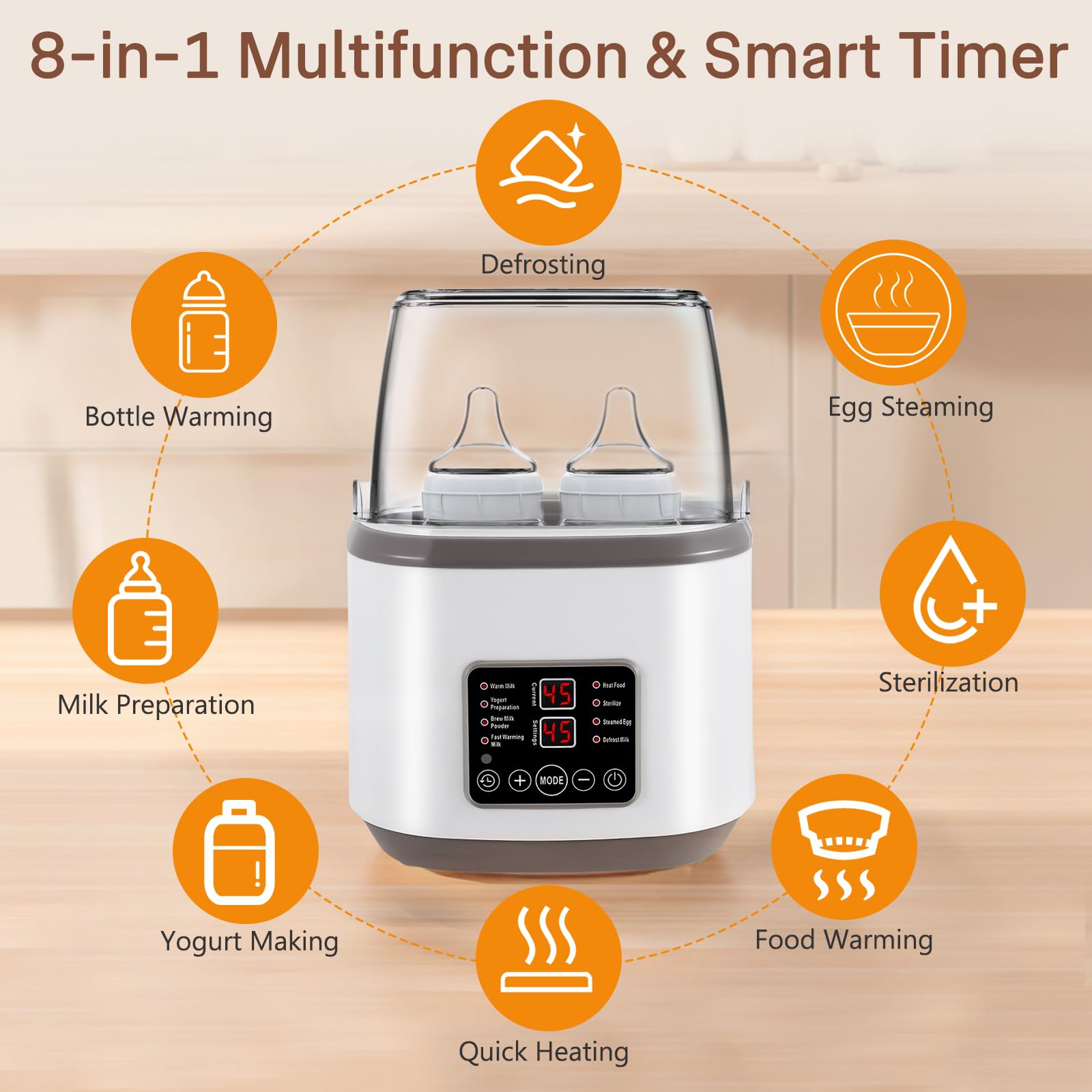 8in1 Sterilisator für Babyflaschen & Flaschenwärmer, Fernbedienung | Passend für 4 Flaschen. 100°C Sterilisation, 3-8 Min Aufwärmen, 24h Timer & Warmhalten. Mit sicherer Abschaltautomatik.