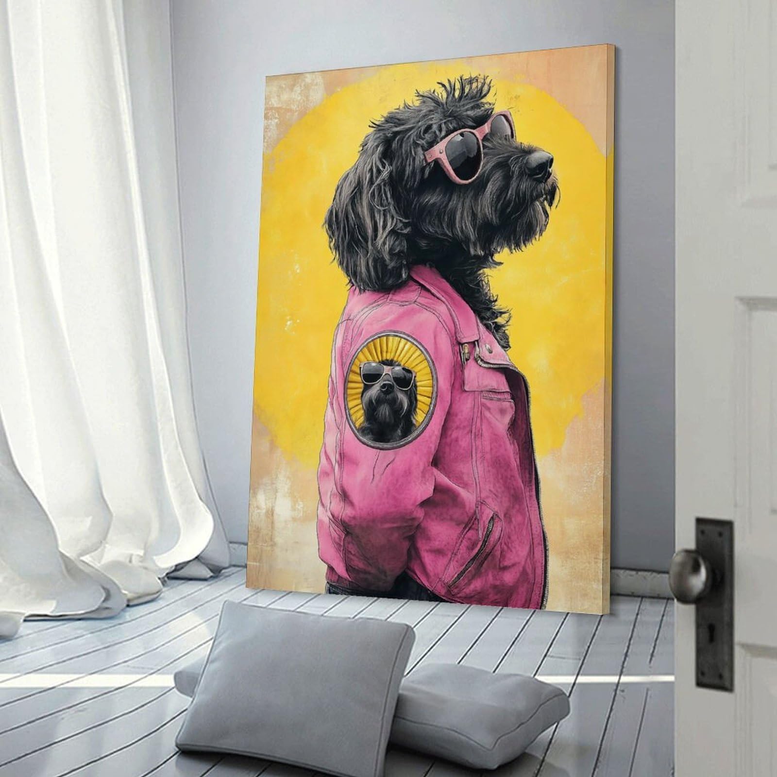 Junmoney Frame-Style-23 Canvas Art Print Cool Dog In Pink Jacket, 12X18inch(30X45cm), For Office, Study Or Home Workspace, Home Office Artwork With Decorative Appeal