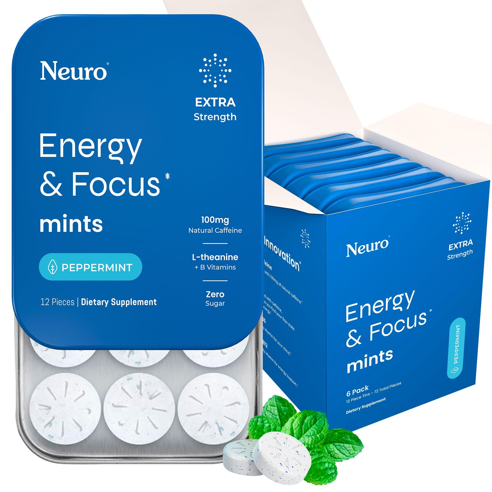 Energy & Focus Mints, Extra Strength - Sugar Free Breath Mints with 100mg Natural Caffeine, B Vitamins & L-Theanine - Vegan Brain Supplement for Exercise, Study & Daily Focus - Peppermint, 72 ct