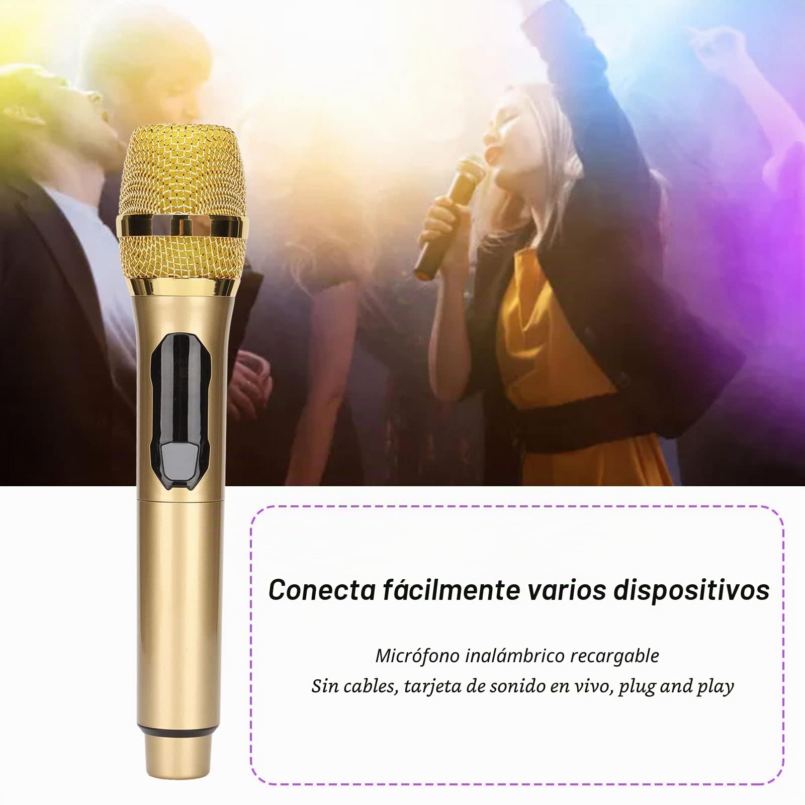 Goshyda Micrófono Inalámbrico, de Micrófono de Mano Inalámbrico Bluetooth Karaoke, con Pantalla LED Inteligente, Señal Estable, para Conferencias en el Hogar Al Aire Libre, para Teléfono(Oro)