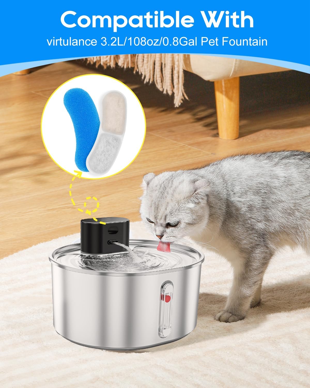 Cat Water Fountain Filter Compatible with virtulance 3.2L/108oz/0.8Gal, Water Filter Cat Fountain Replacement Fit for virtulance, Multilayer Filters System, Keeping Pet Water Clean 12+12Pack