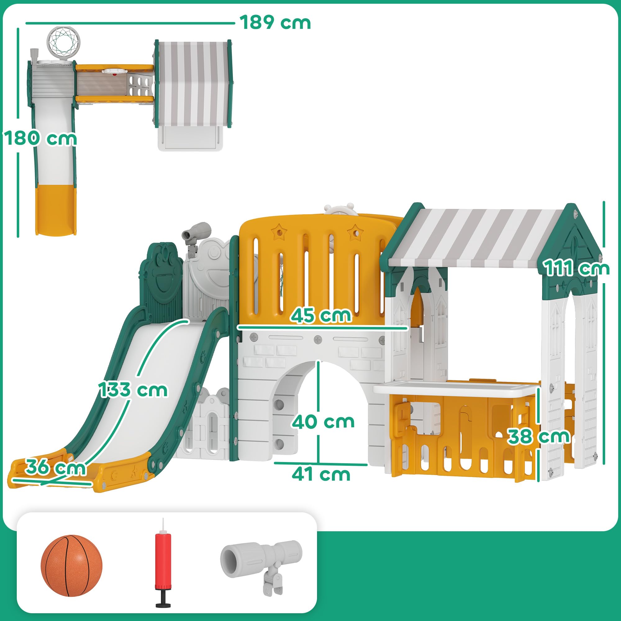 AIYAPLAY Tobogán Infantil 7 en 1 con Caseta para Niños, Tobogán con Escalera, Aro de Baloncesto, Túnel, Pizarra, Telescopio, para Interior, Amarillo y Verde