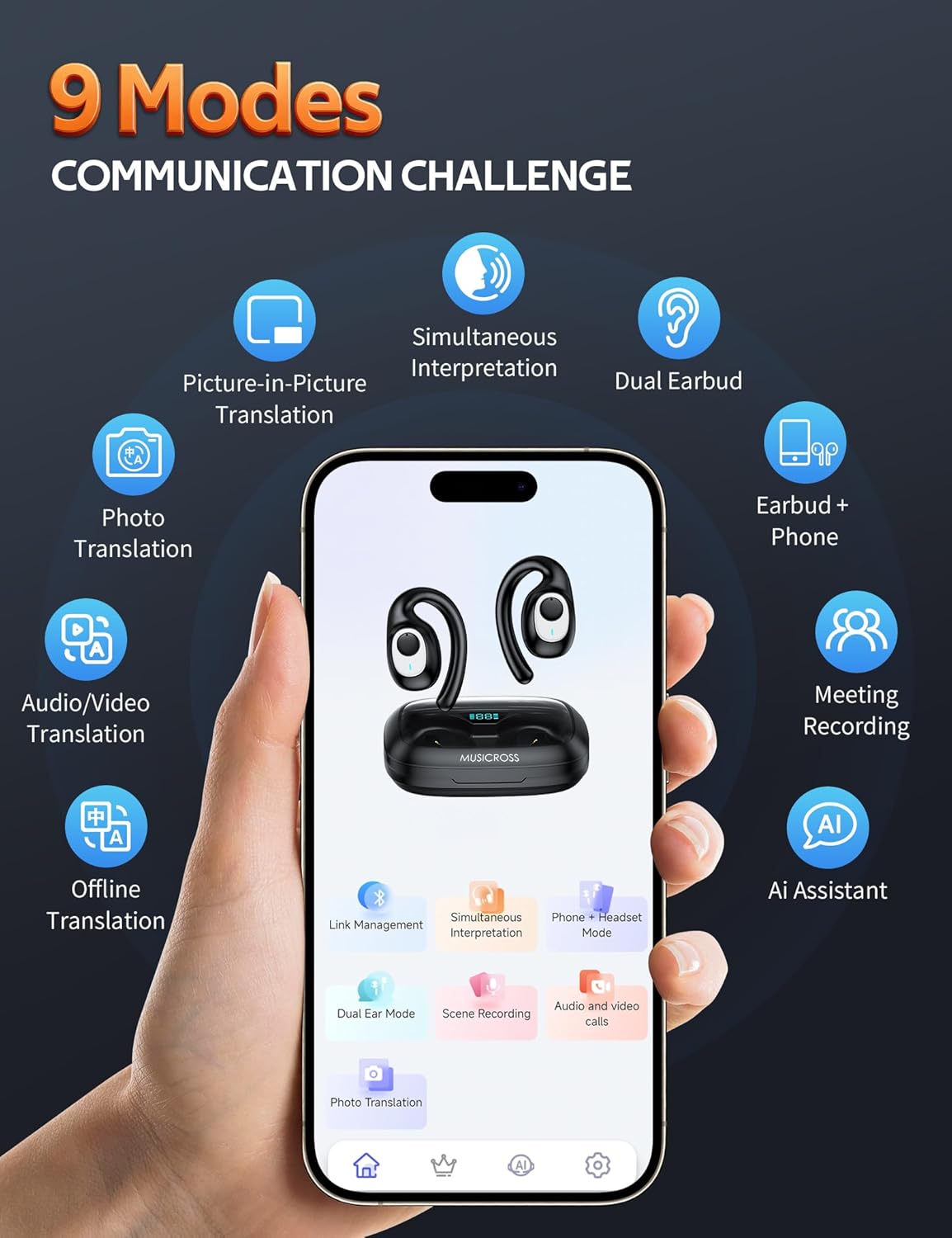 Ai Translation Earbuds Real Time 144 Language Translator Earbuds Audifonos Traductores Inglés Español 4 in 1 Translator Device with 9 Working Modes for Travel Business Learning Black