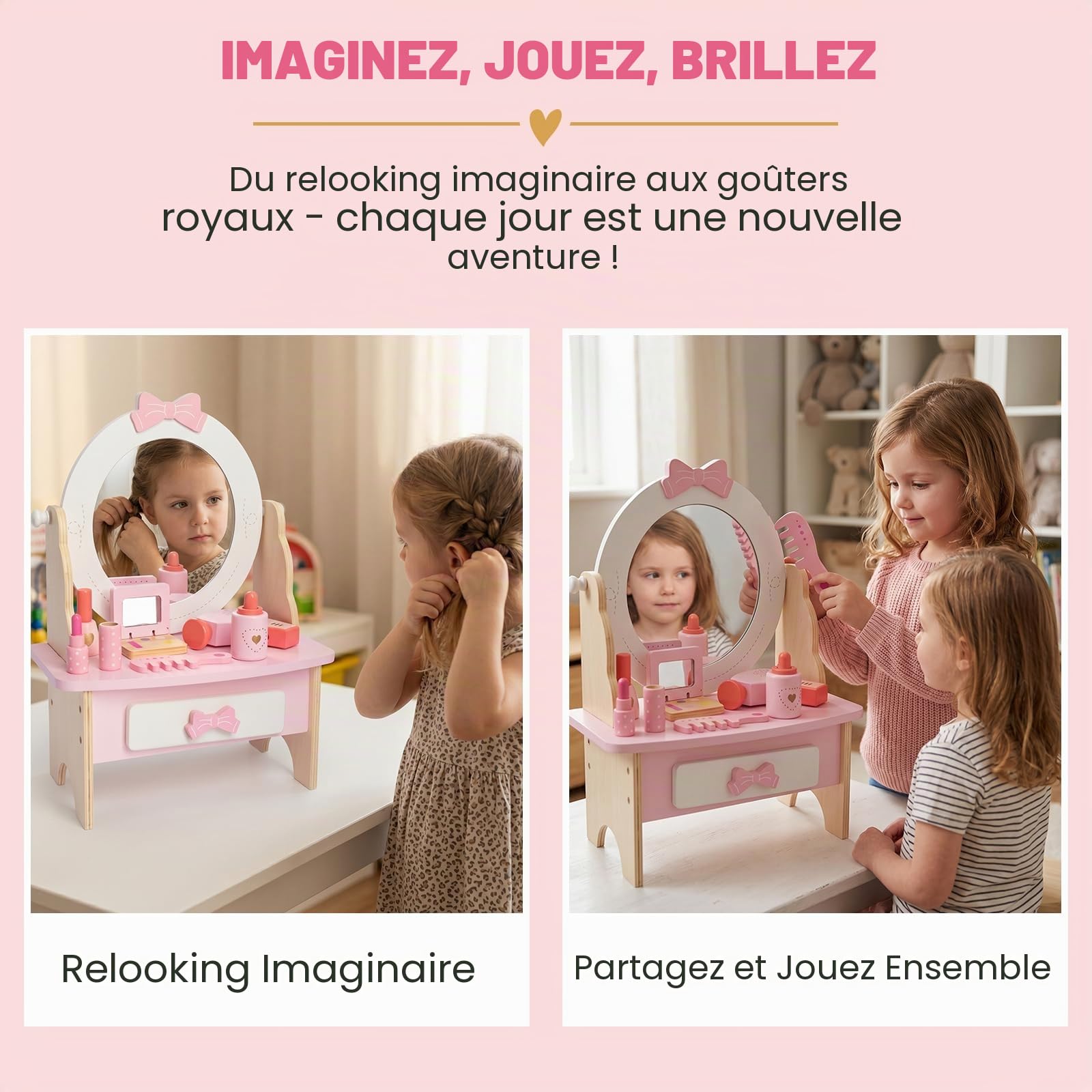 Set de coiffeuse en bois pour enfants, jouet de table avec miroir rotatif à 360°, ensemble d'accessoires de maquillage, cadeau pour filles à partir de 3 ans (blanc)