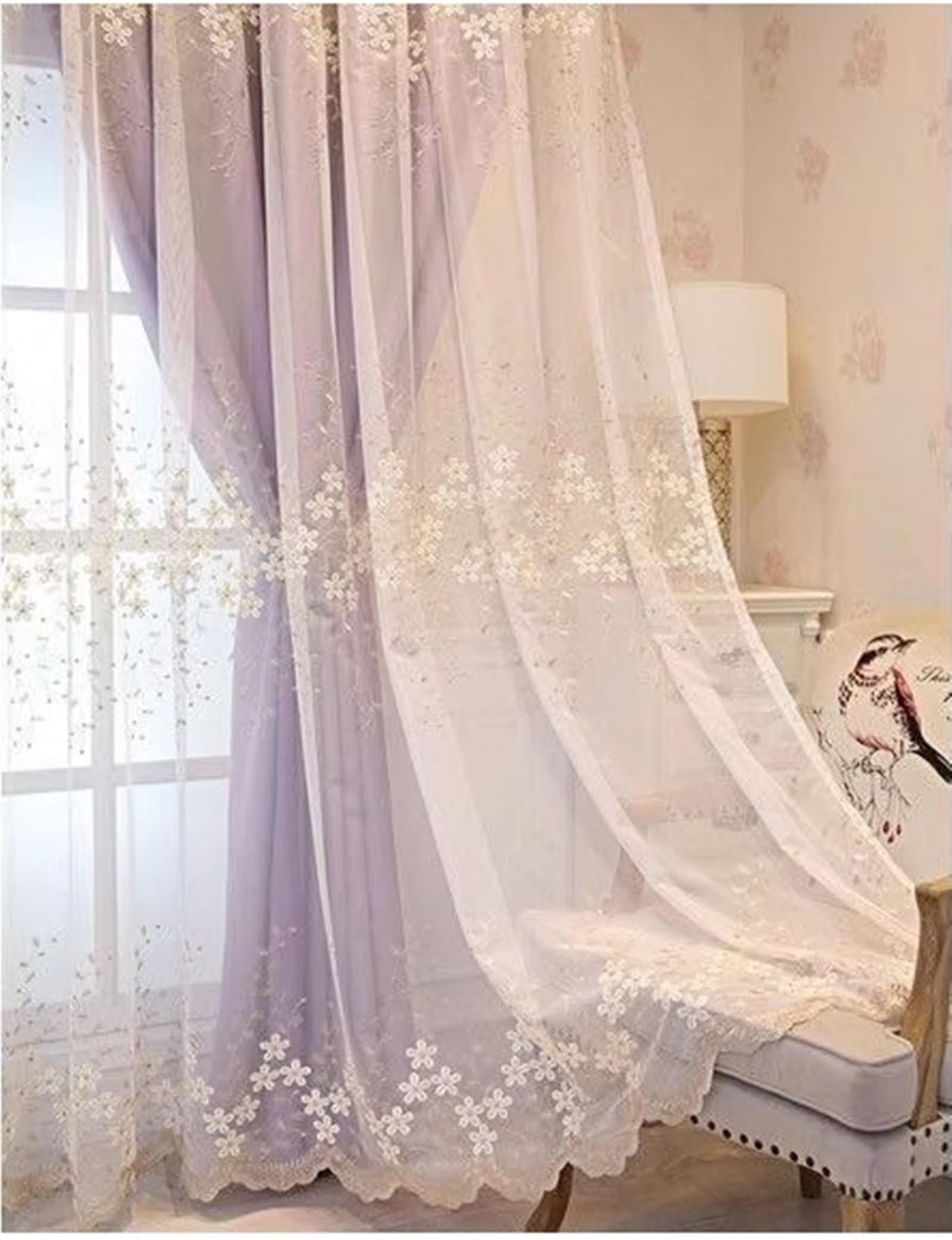 Zasłony okienne, lekkie zasłony zaciemniające fioletowy dwuwarstwowy haft koronkowy zestaw 2 szt. 107 W x 229 l cm