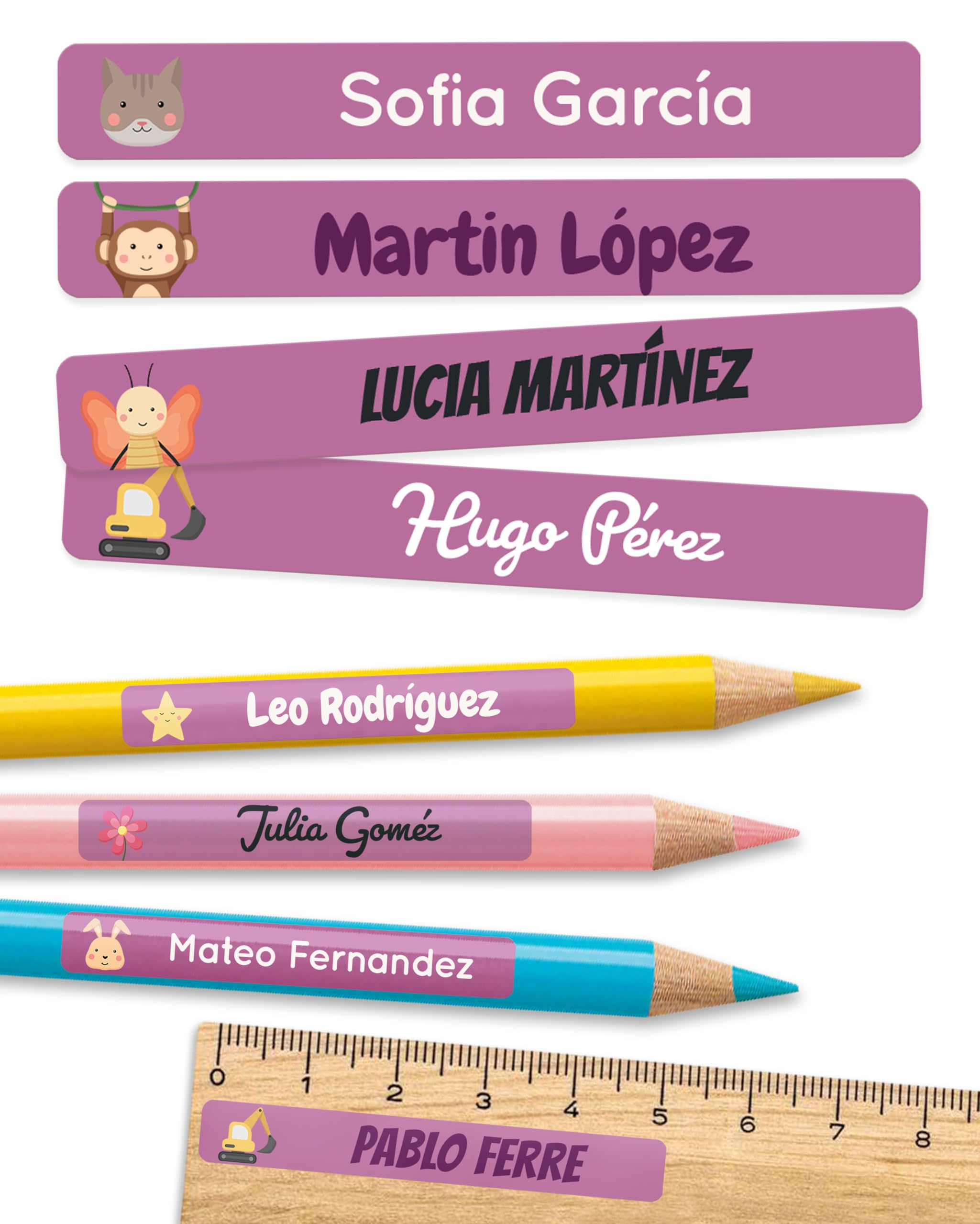 melu kids® Etiquetas adhesivas personalizadas objetos para colegio y guardería (75 uds.) - pegatinas personalizadas, etiquetas nombre material escolar - resistentes al lavavajillas - Violeta