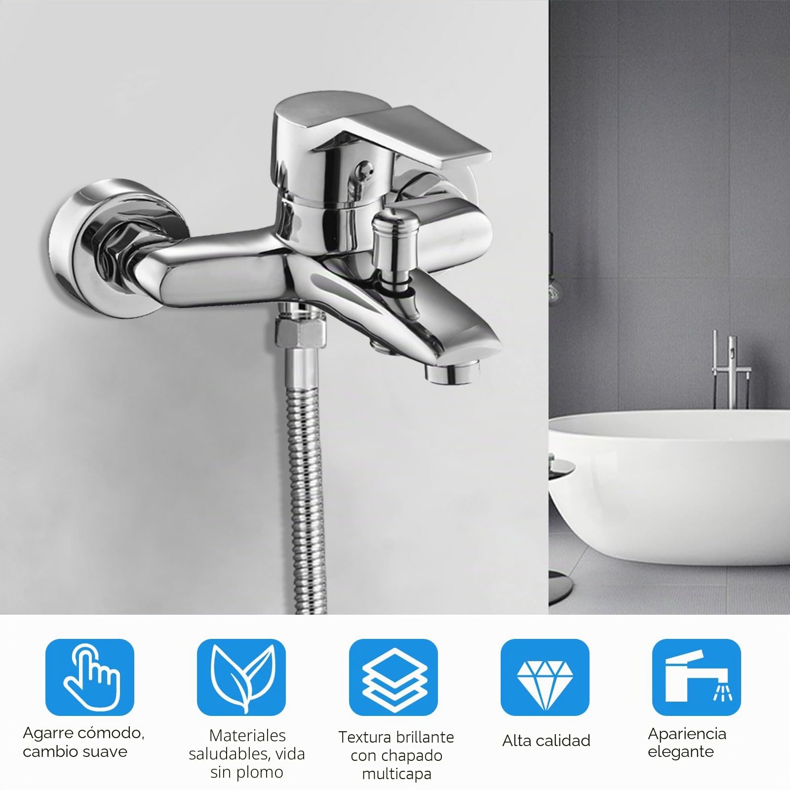 Bocguy Grifo mezclador para bañera, grifo de bañera, grifo de ducha, grifo monomando, salida de ducha para bañera y ducha, cartucho de cerámica cromado