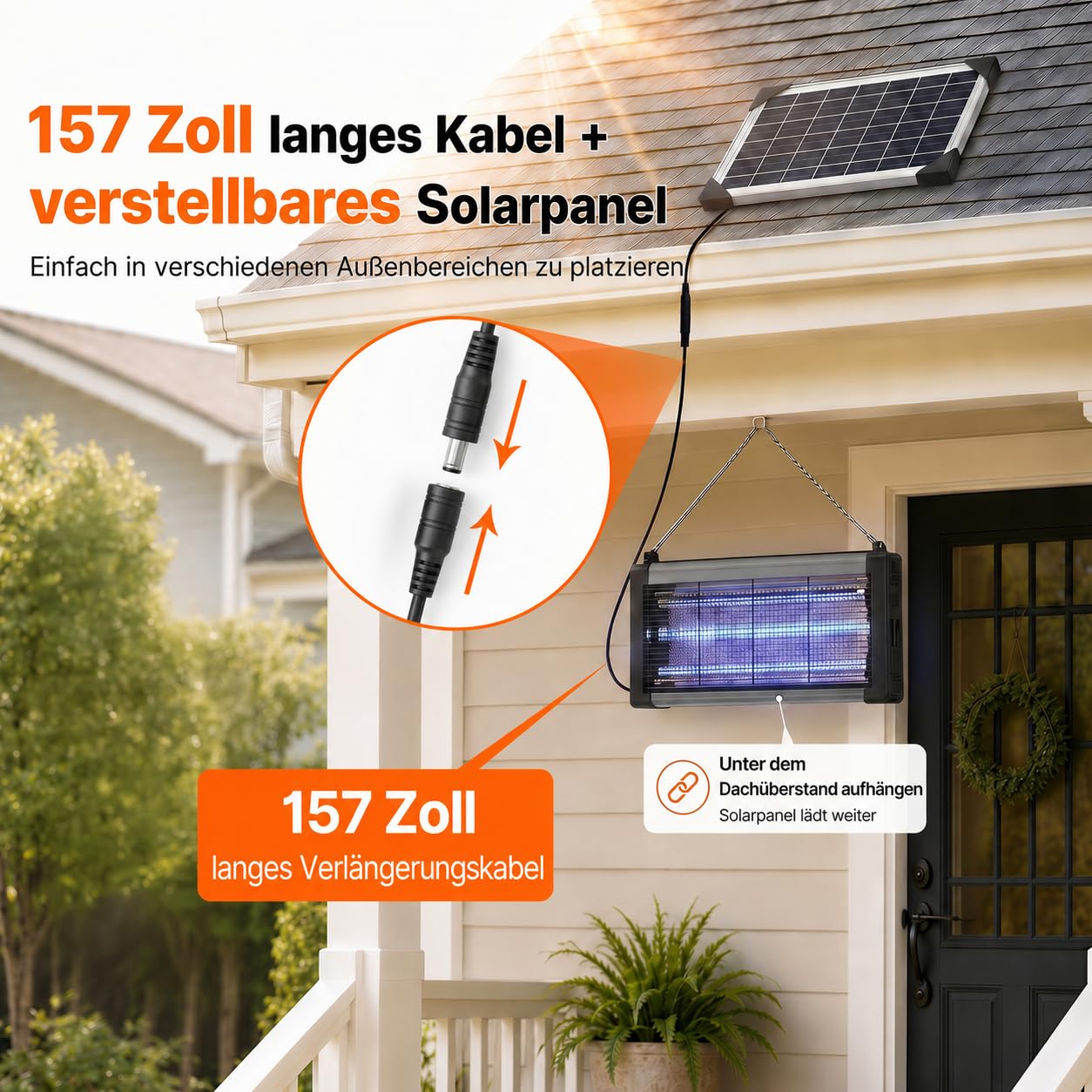 OGERY Solar-Insektenvernichter für Außen, 3000 V Mückenfalle, 3 UV-Röhren, 6000 mAh Akku, per USB wiederaufladbar, IPX4, Dämmerungssensor, 4 m Kabel und Erdspieß für Garten, Terrasse, Camping