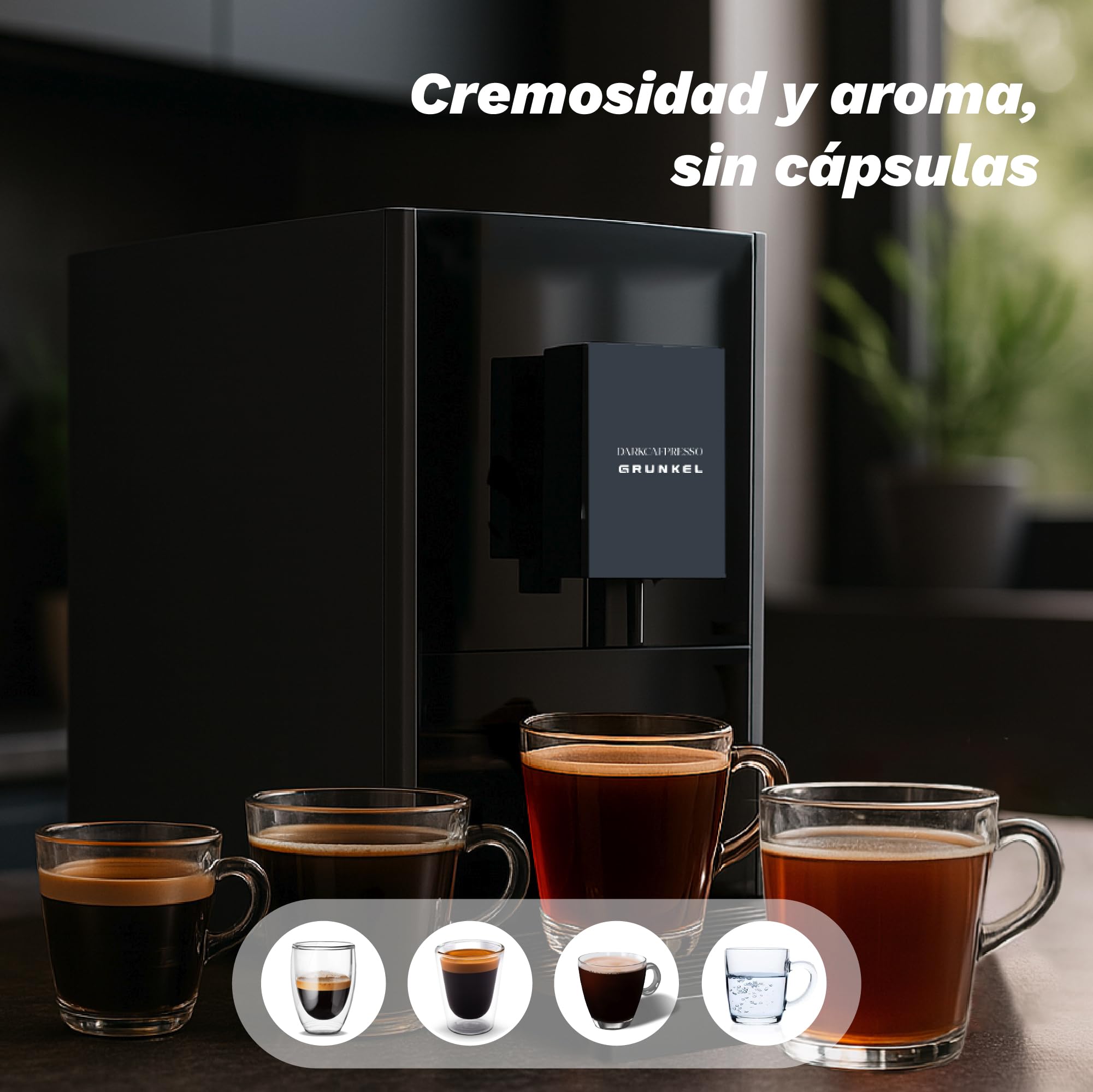 Grunkel DARKCAFPRESSO, Cafetera Súper Automática, 20 Bares, 1,2L, Molinillo Desmontable, Pantalla Táctil