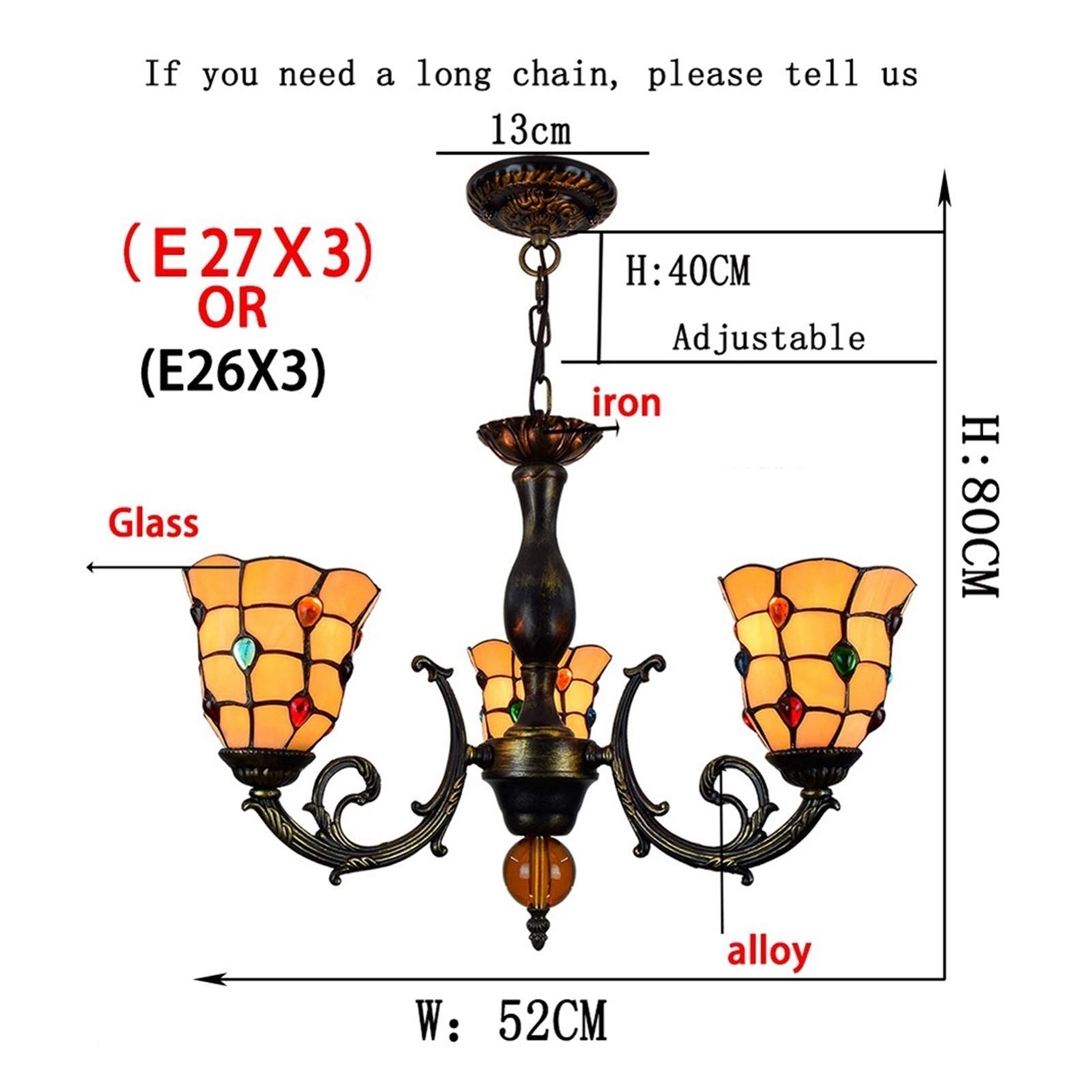 Żyrandol Tiffany 6-calowy stylowy klosz Witraż Wisiorek ze szkła Lampa wisząca z 3 ramionami Kolorowa lampa wisząca Odwrócona lampa wisząca sufitowa