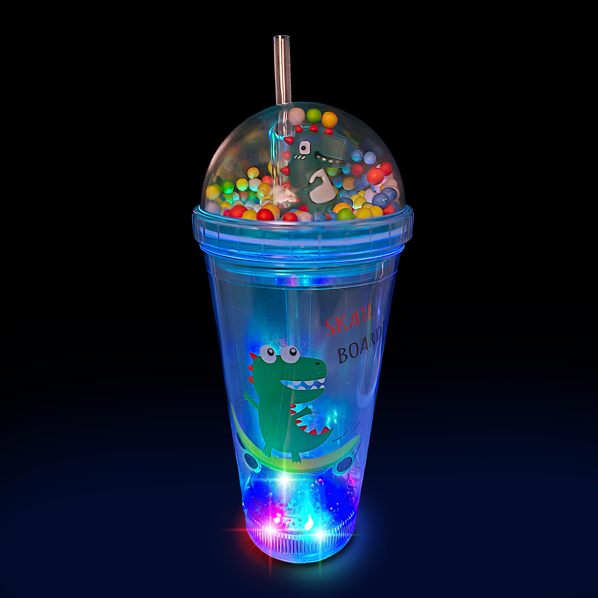 Vaso con luz para niños, botella de agua de 16 onzas con LED que brilla en la oscuridad, sin BPA, tapa con pajita, reutilizable, duradera, doble pared, bonito diseño para niñas y niños (unicornio