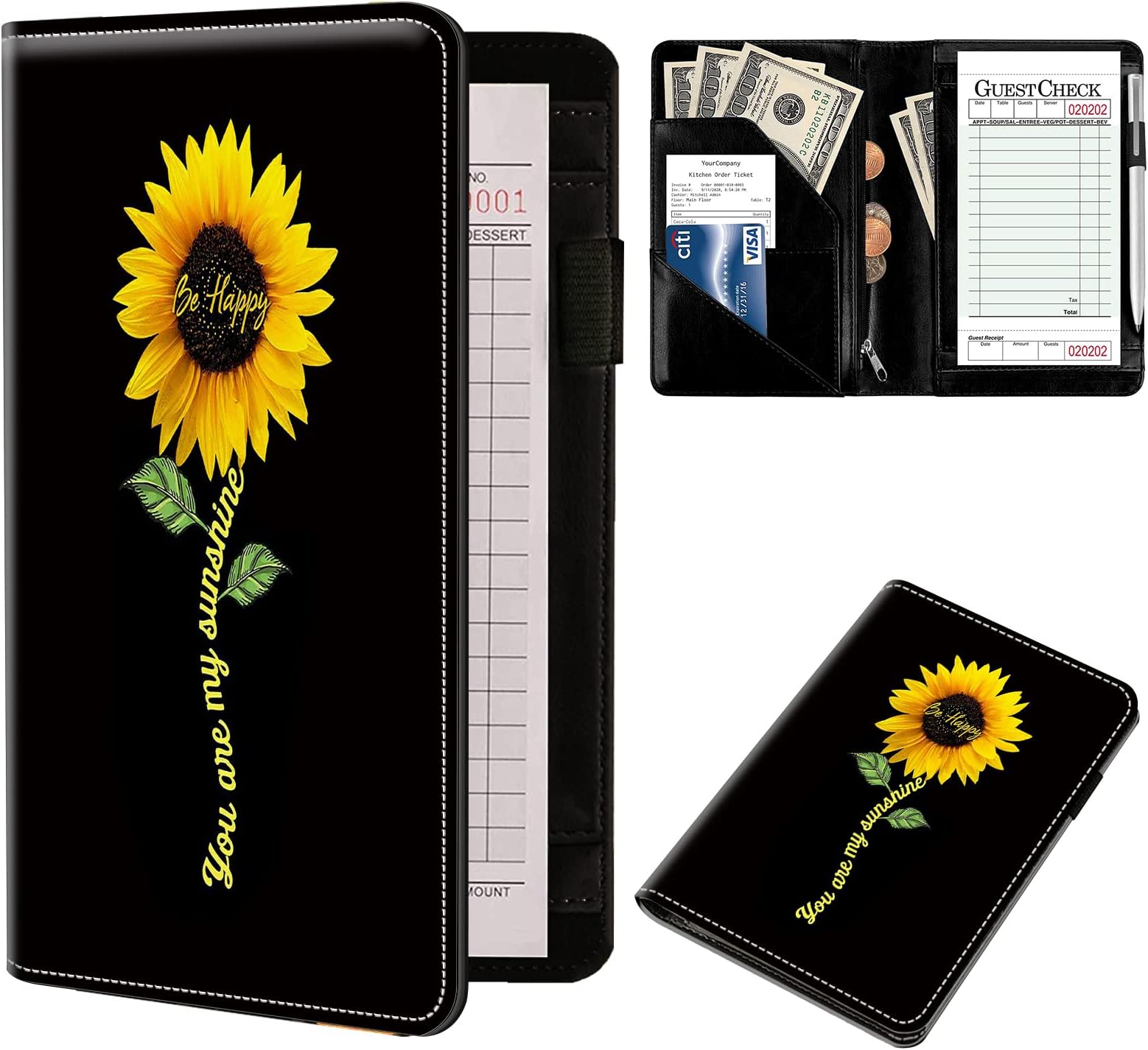 Server Book Organizer, Be Happy Sunflower Server Books for Waitress, PU Leather Waiter Book Organizer with Zipper Pocket Guest Checks Books Holder for Restaurant Fit Server Apron