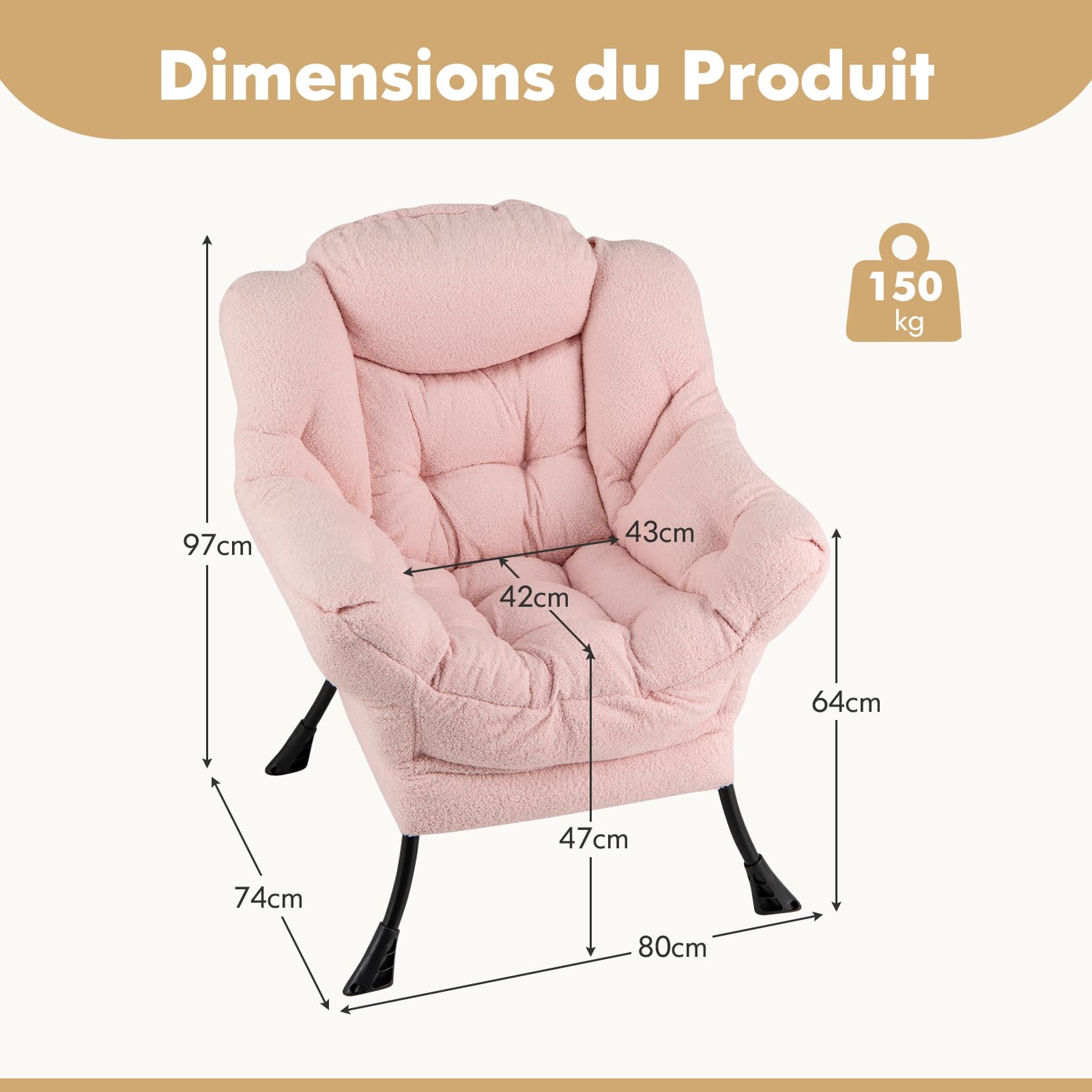 COSTWAY Fauteuil Salon Scandinave en Sherpa avec Oreiller et Poche Latérale, Relax pour Lecture, Cadre en Métal pour Charger 150 KG (Rose)
