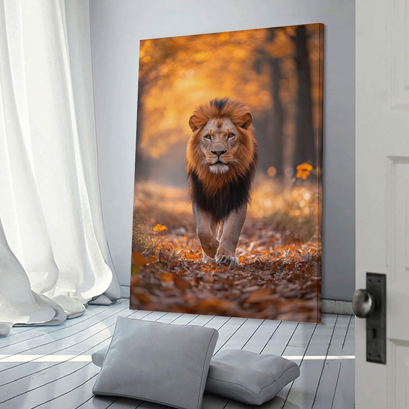 Junmoney Majestic Lion Walking in Autumn Forest Canvas Wall Picture, 08x12inch(20x30cm), for Wall Displays, Bedrooms Or Room Updates, Wall Decor Suited to Curated Displays