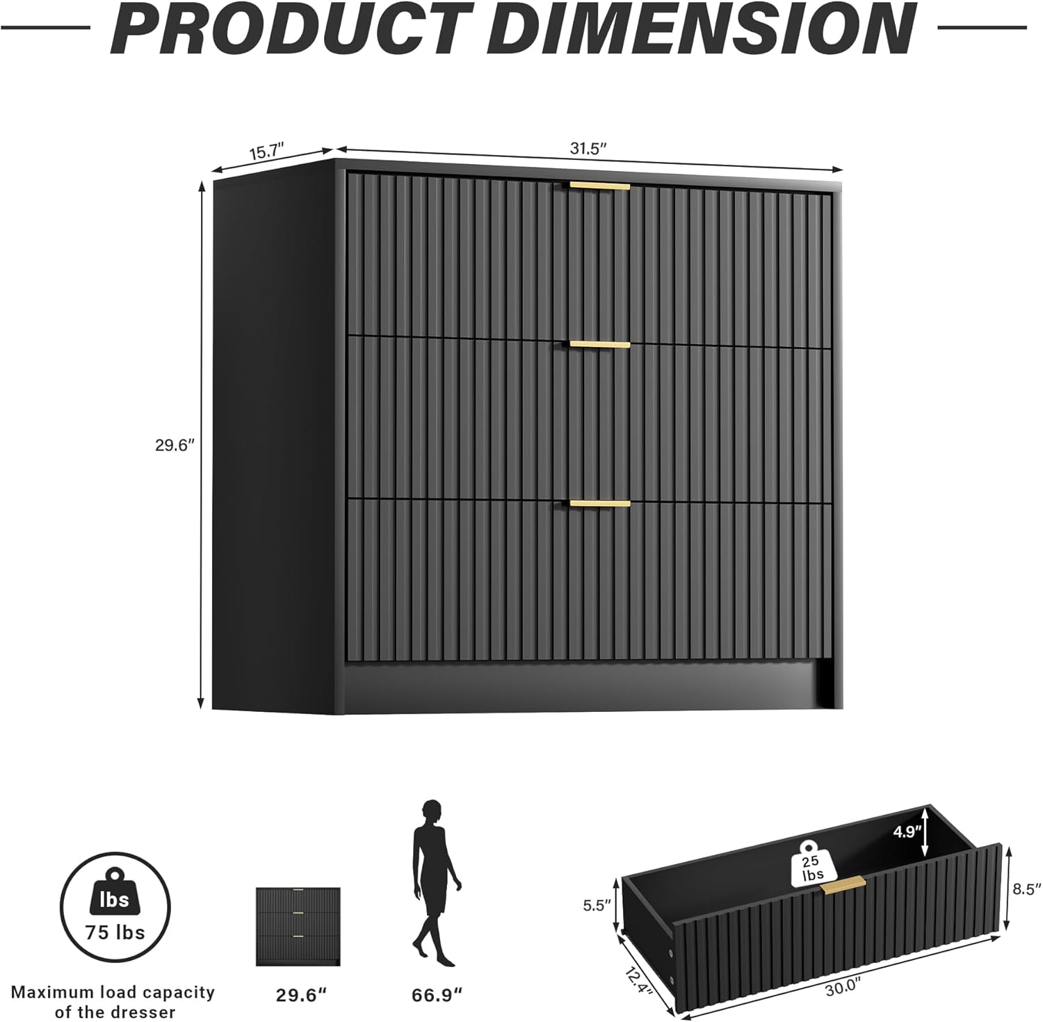 Black Dresser for Bedroom, Modern Dresser with 3 Drawers and Smooth Slides, Wide Chest of Drawers with Golden Handles for Bedroom, Living Room, Closet, 15.7" D x 31.5" W x 29.6" H Black 3 Drawers