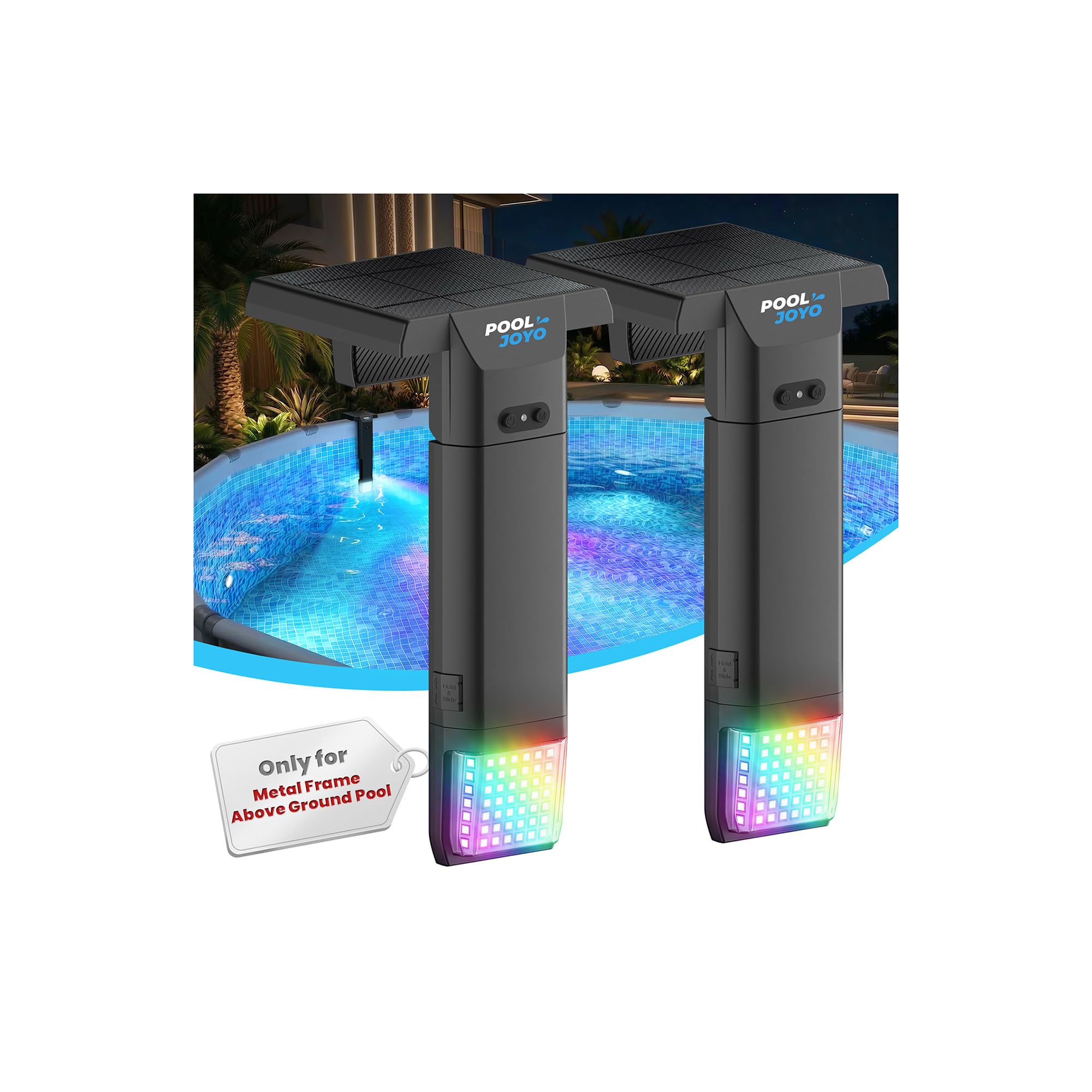 Photo 1 of POOLJOYO Solar Pool Lights Only for Metal Frame Above Ground Pools, 1.71–3.9 Top Rails, Remote Control, Brighter 3-Sided 180° Underwater Glow, 10 Colors 4 Modes, IP68 Waterproof?2 Pack?