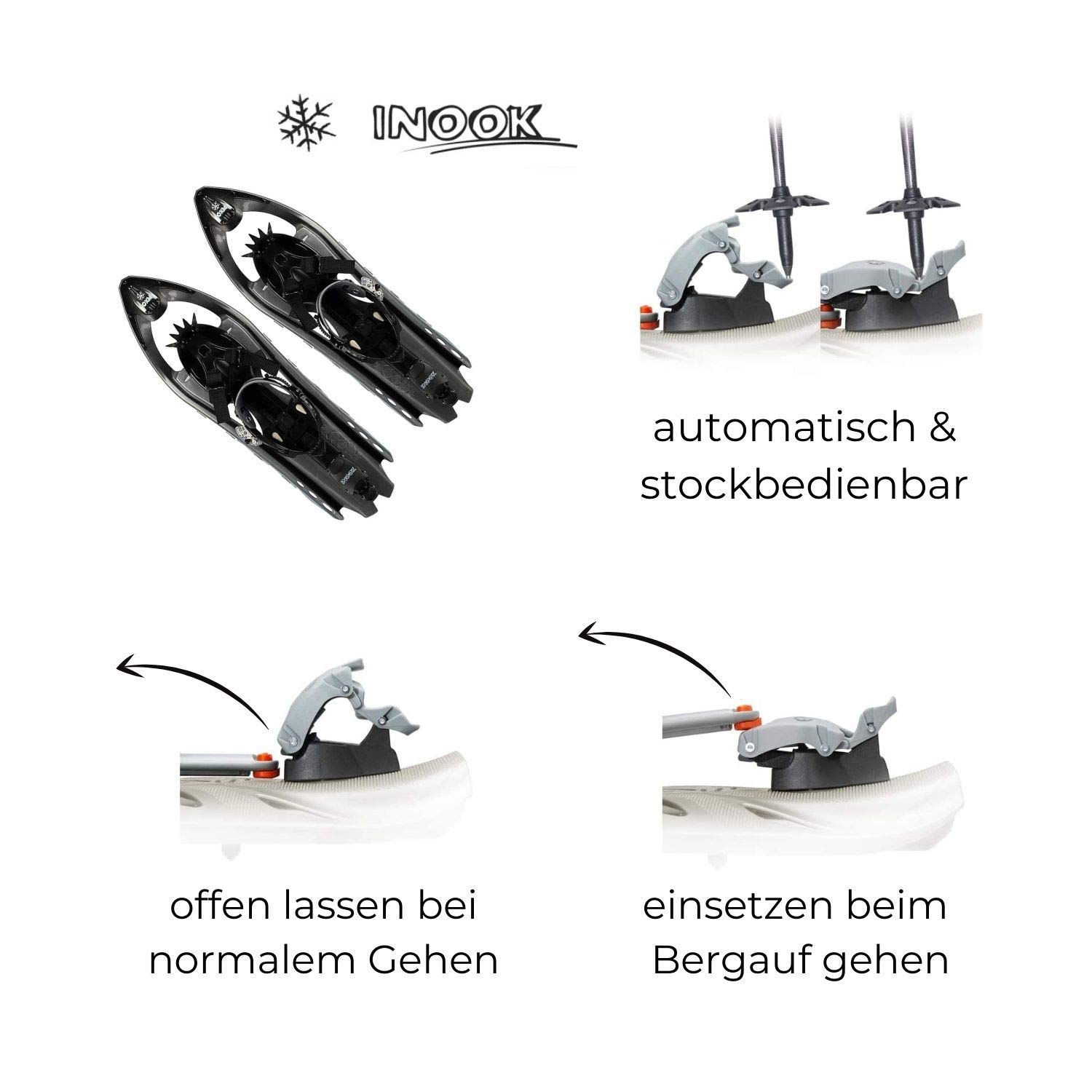 Inook Alpin OXM Raquettes à neige pour homme et femme, aide à la montée automatique, taille réglable, fonctions brevetées
