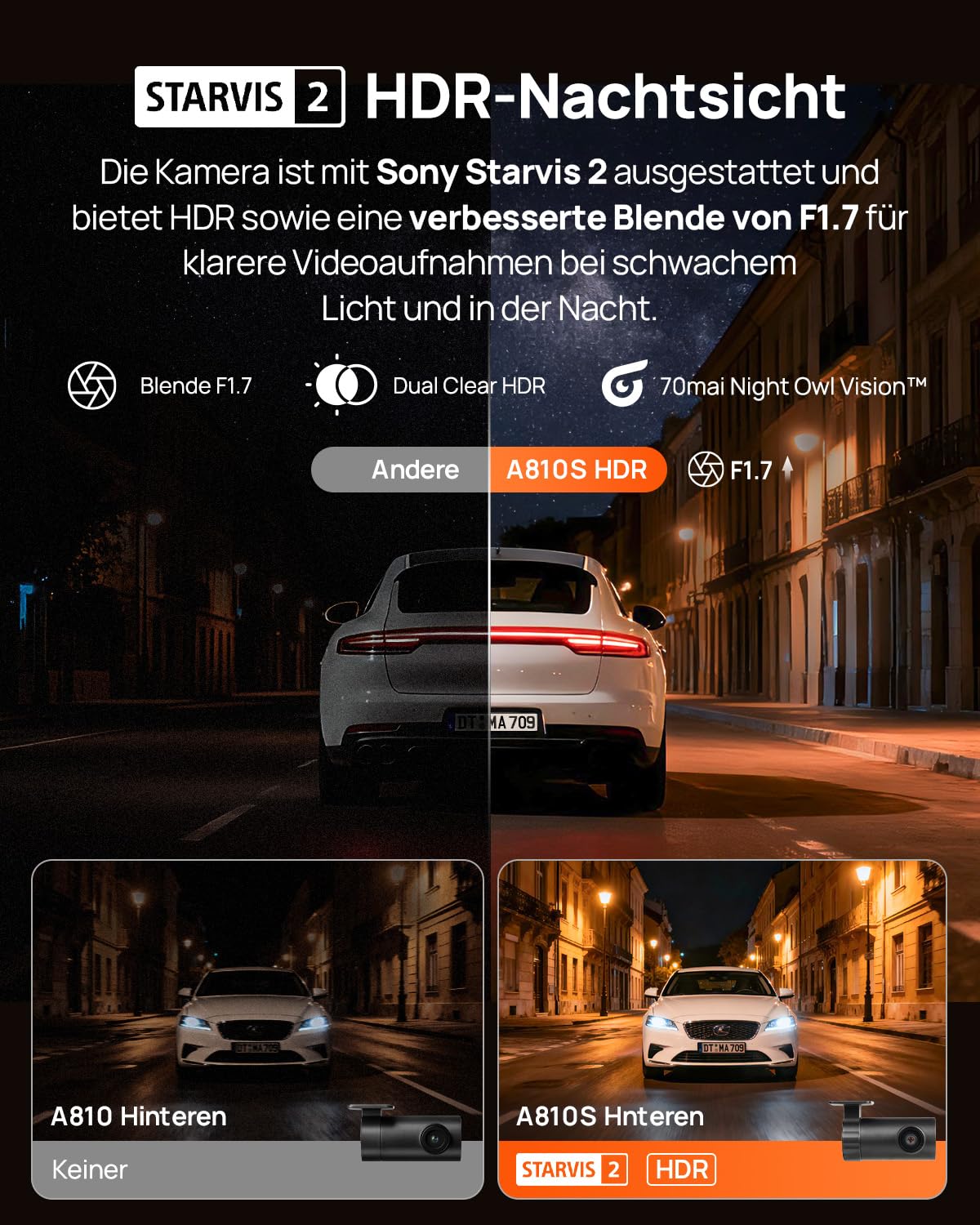 70mai A810S 4K Dashcam Auto Vorne Hinten, 4K+1080P Dual STARVIS 2 IMX678, HDR Night Owl Vision, WiFi App, 4G LTE, ADAS, 128GB
