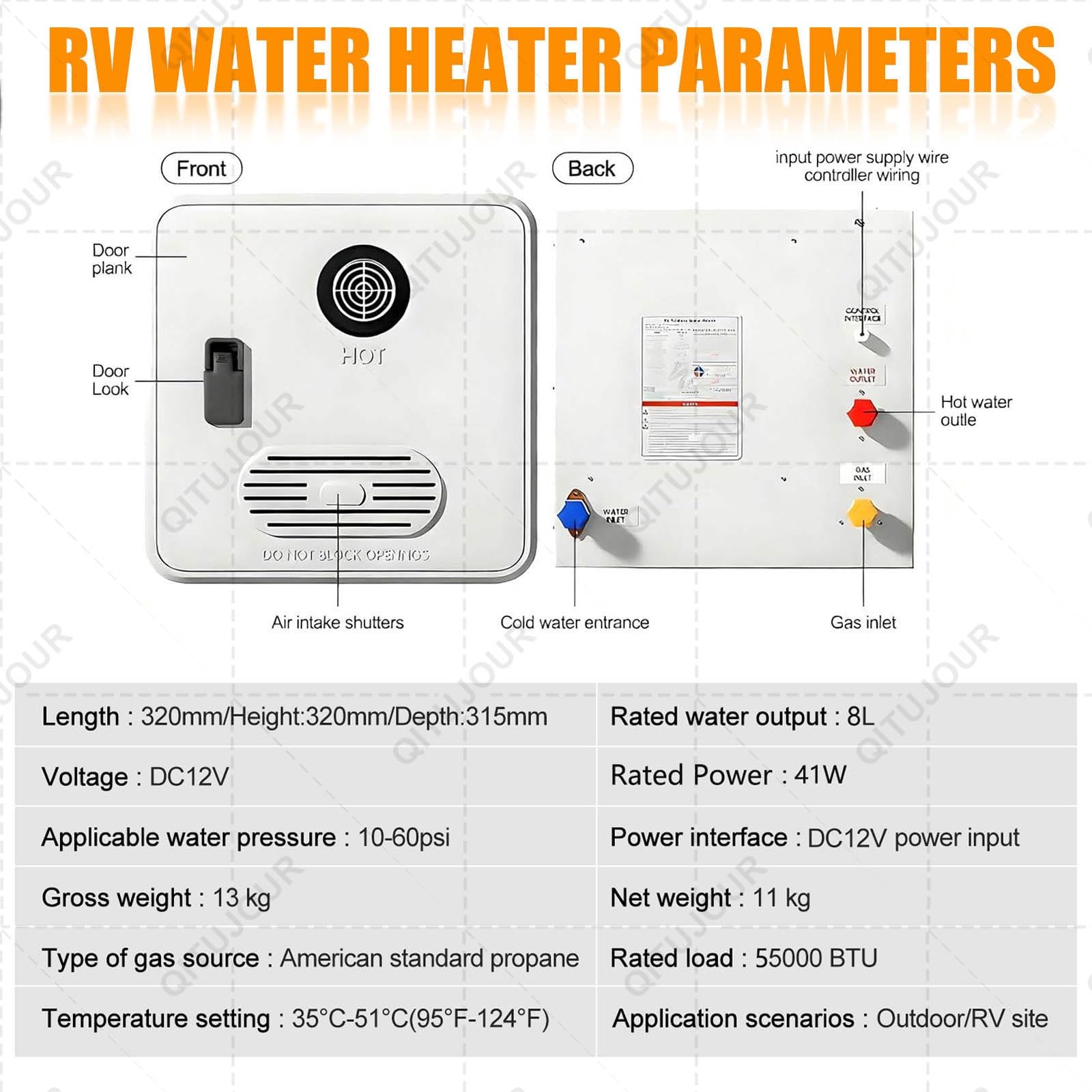 Scaldabagno per camper senza serbatoio, 55000 BTU, scaldabagno istantaneo a propano, 12 V DC, compatibile con tutti i camper, modello ad alta quota, include porta da 40,6 x 40,6 cm