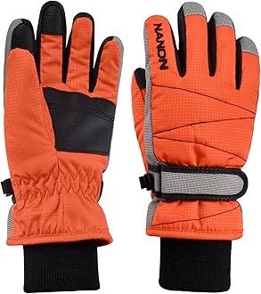 Ski Gloves Kids Cold Weather Winter Warm Gloves Windproof Thermal Fleece Outdoor Snowboard Snow Gloves Mittens for Boys Girls Children (Orange, M (8-10 Years Old))