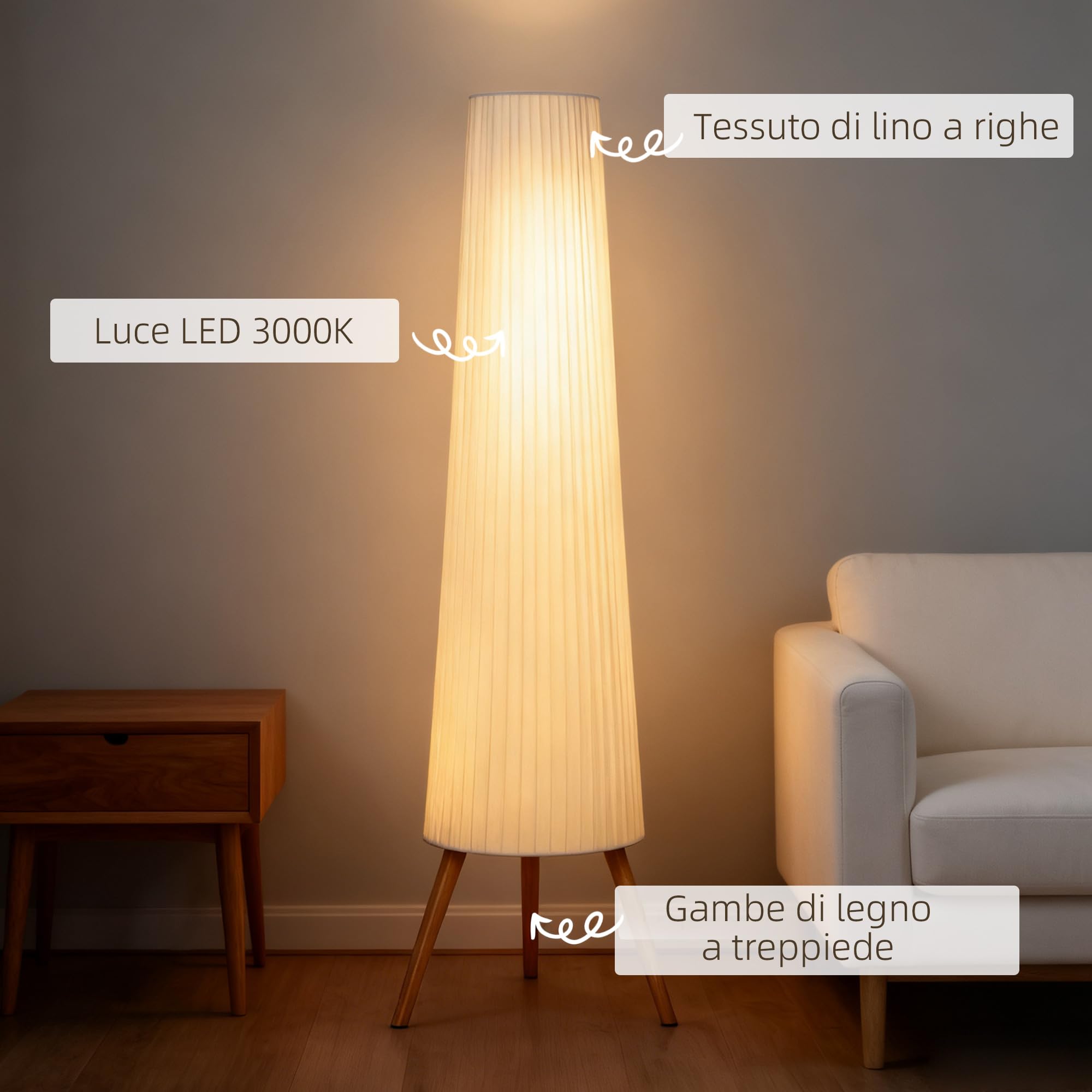 HOMCOM Lampada da Terra Treppiede con Interruttore a Pedale, Lampada a Pavimento con Luminosità Regolabile, Paralume in Tessuto e Gambe in Legno, per Salotto e Soggiorno, 46x46x153 cm, Bianco