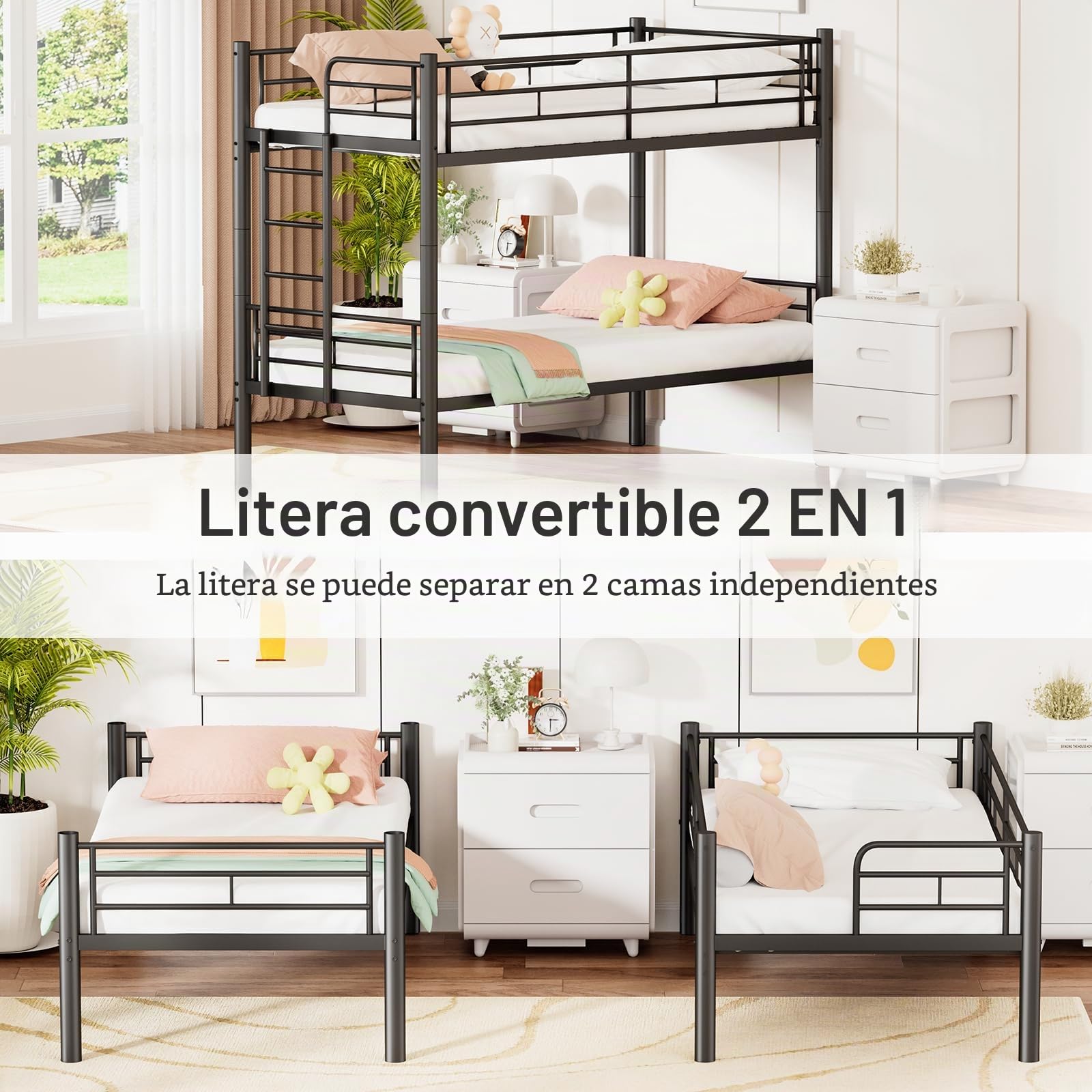 Litera de metal de 90 x 200 cm, se puede dividir en dos camas individuales, litera con escalera y protección anticaídas para adolescentes y adultos, color negro