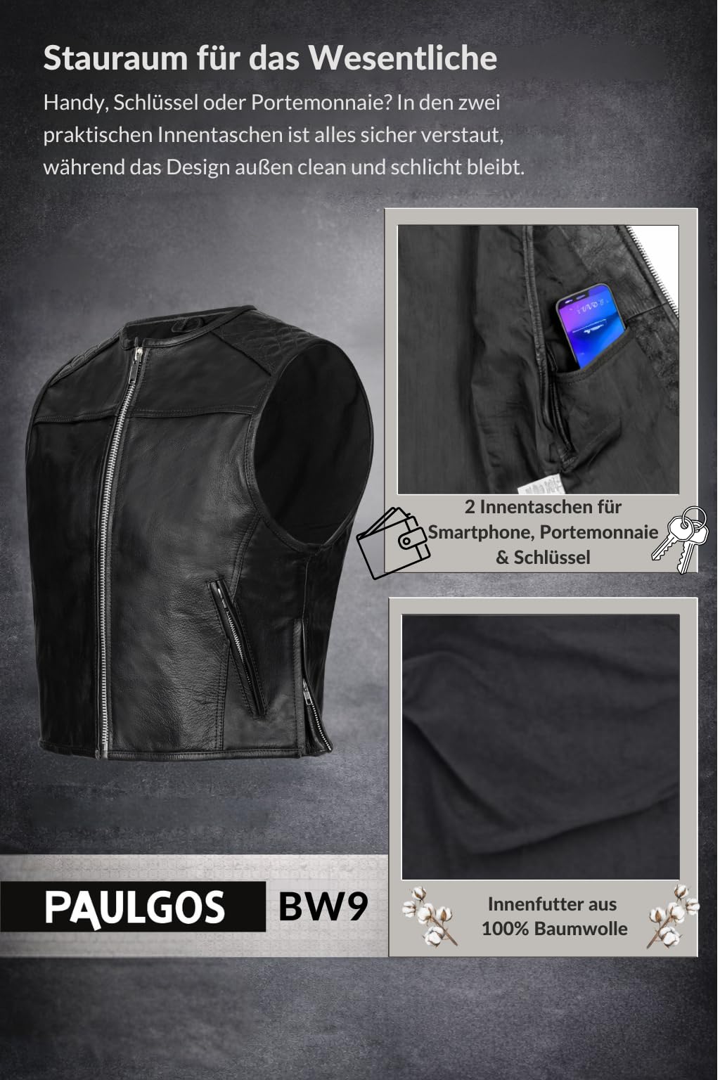 PAULGOS Lederweste Weste Kutte Leder Biker Rocker Motorrad Clubweste Bikerweste Motorradweste Schwarz BW9