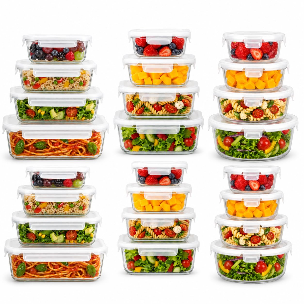 24 Tuppers de Vidrio Herméticos, 3 Formas, sin BPA, Meal Prep | 8 Recipientes para Alimentos Rectangulares + 8 Cuadrados + 8 Redondos, Apto para Microondas*, Lavavajillas y Congelador