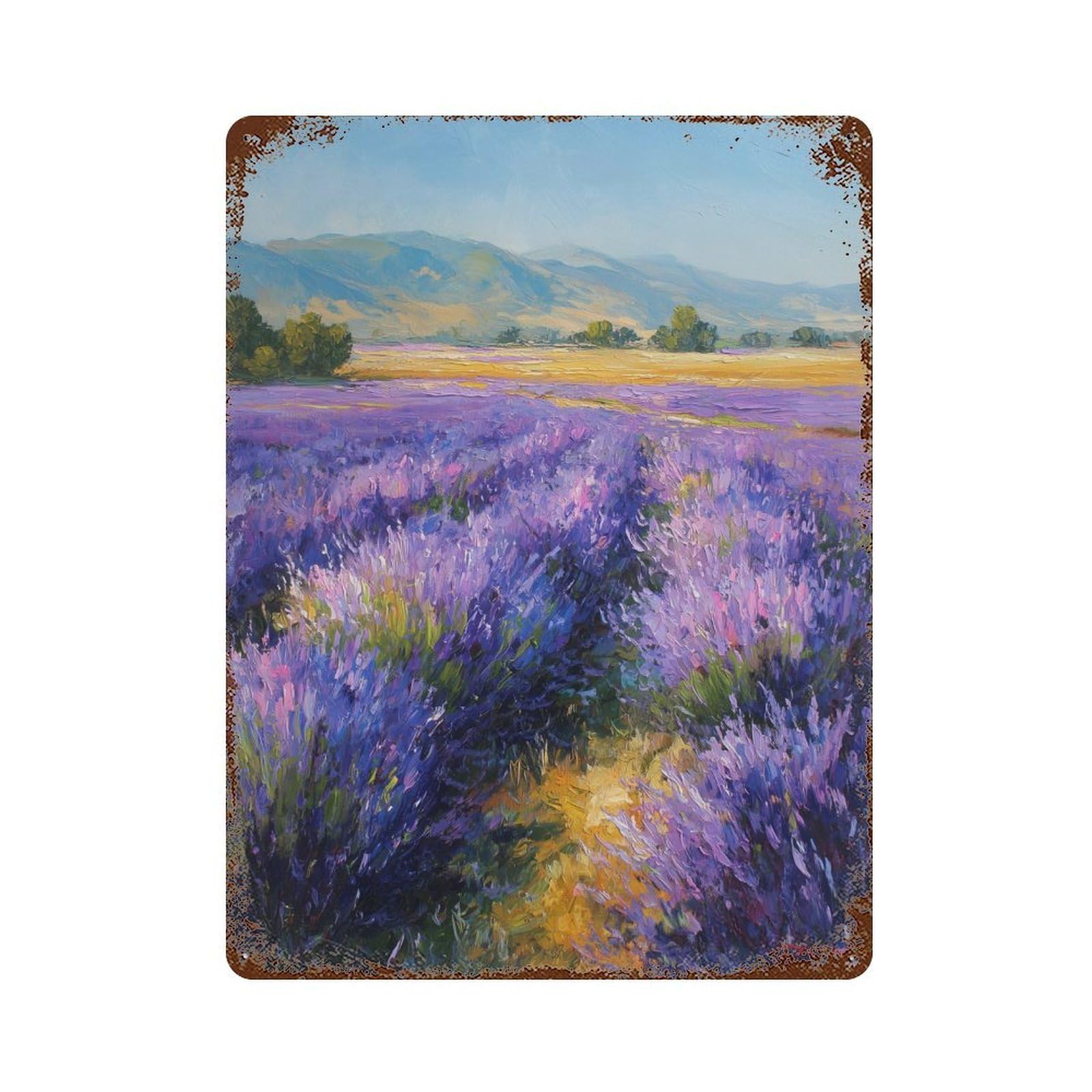 Lavender Field Painting Artwork-1 Rust Effect Tin Sign 15.7"x11.8", Industrial Home Decor for Garage, Pub Or Kitchen