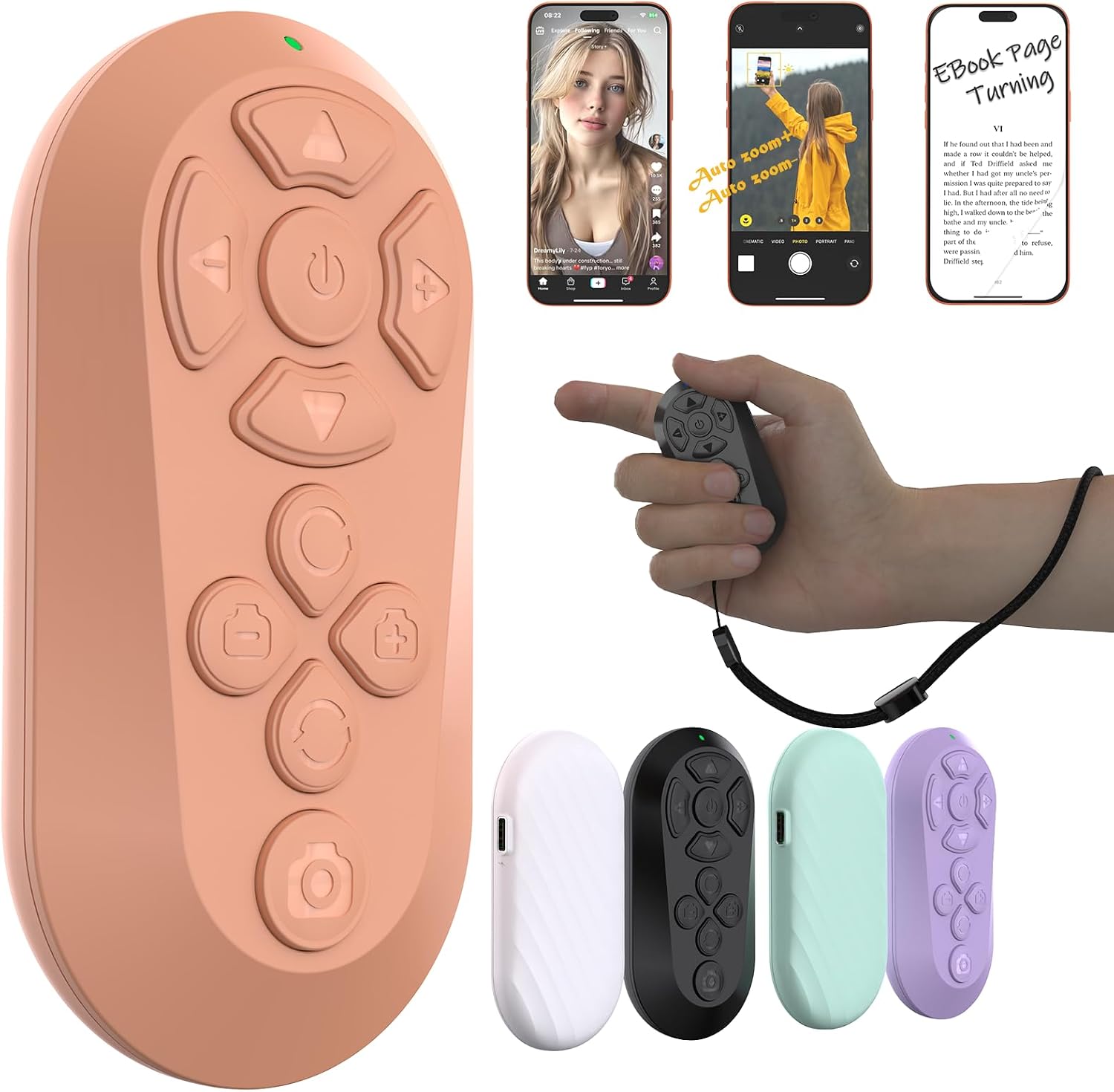 Wireless Remote Controller Compatible with iOS/Android Bluetooth Remote Control for TikTok Scrolling Ideal for Camera/Video Recording/Kindle App (Orange)
