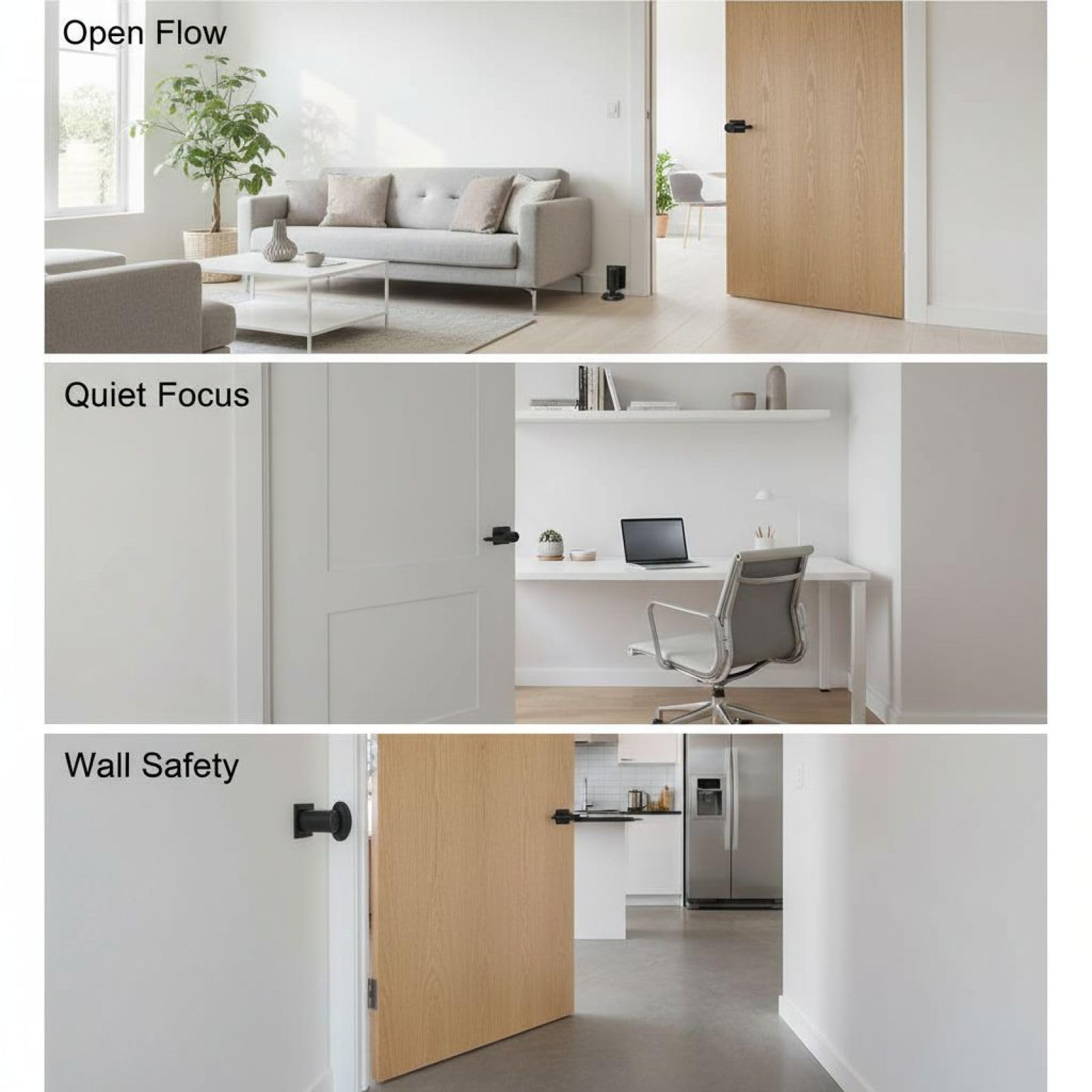 2 topes de puerta negros sin taladro, cierre invisible de metal, soporte de puerta de acero con adhesivo 3M para oficina en casa, 3.5 x 2 x 2.2 pulgadas