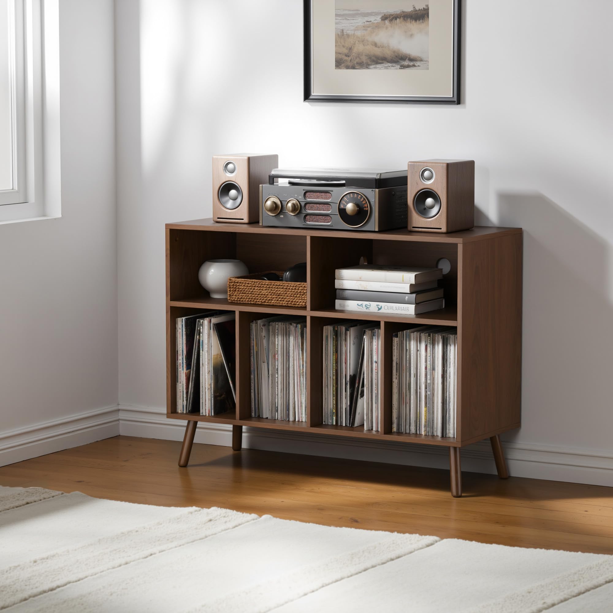 Plattenspieler-Ständer mit Schallplattenaufbewahrung, Vinyl-Plattenregal mit Präsentationsfläche, Schallplattenständer für bis zu 350 Alben, Musikzimmer und Wohnzimmer (Braun)