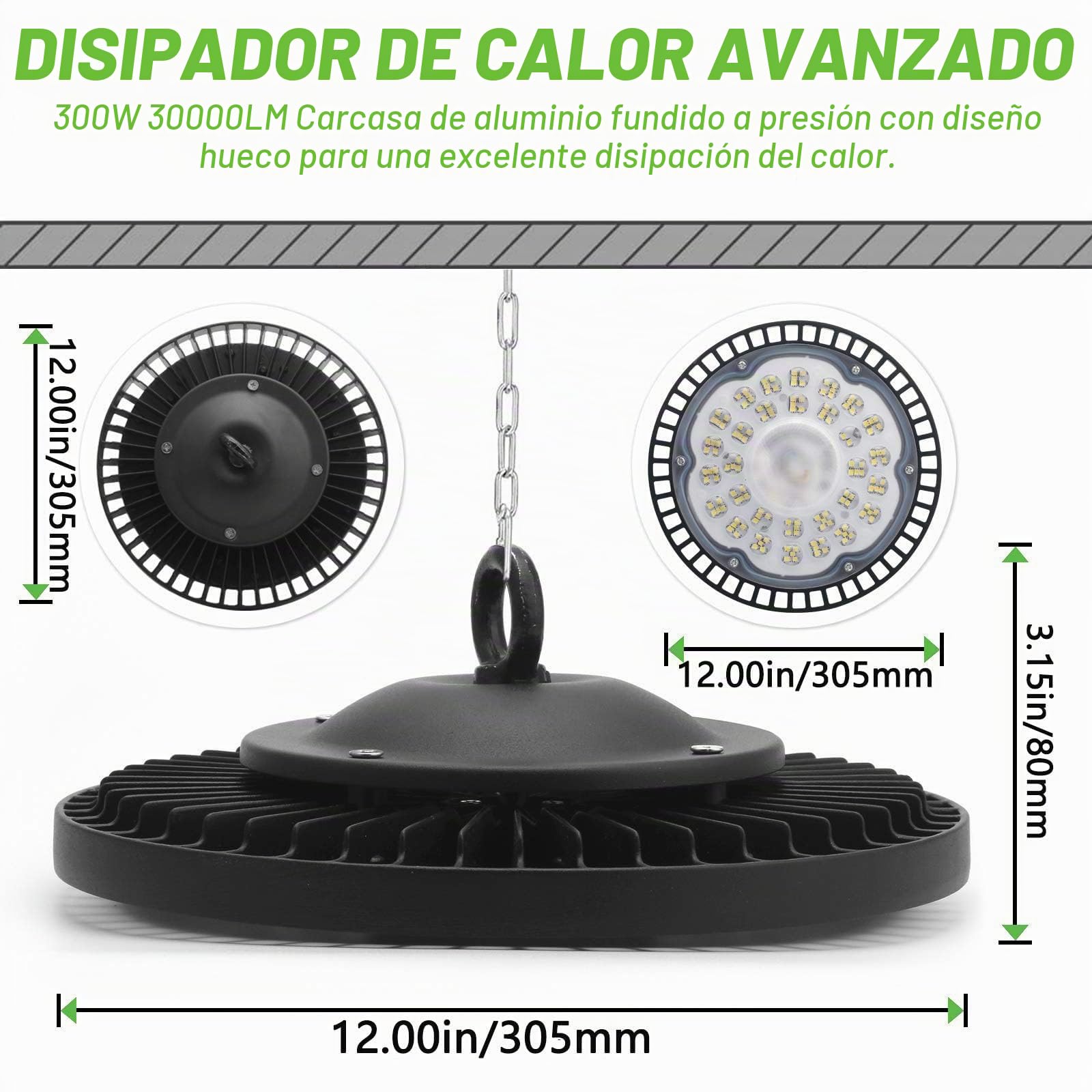 300W UFO LED Lámpara Alta Bahía, Campana Industrial, 30000LM Super Brillante, IP65 Impermeable 6500K Iluminación Comercial Para Naves Industriales, Garaje, Fábrica（300W,1 Unidade