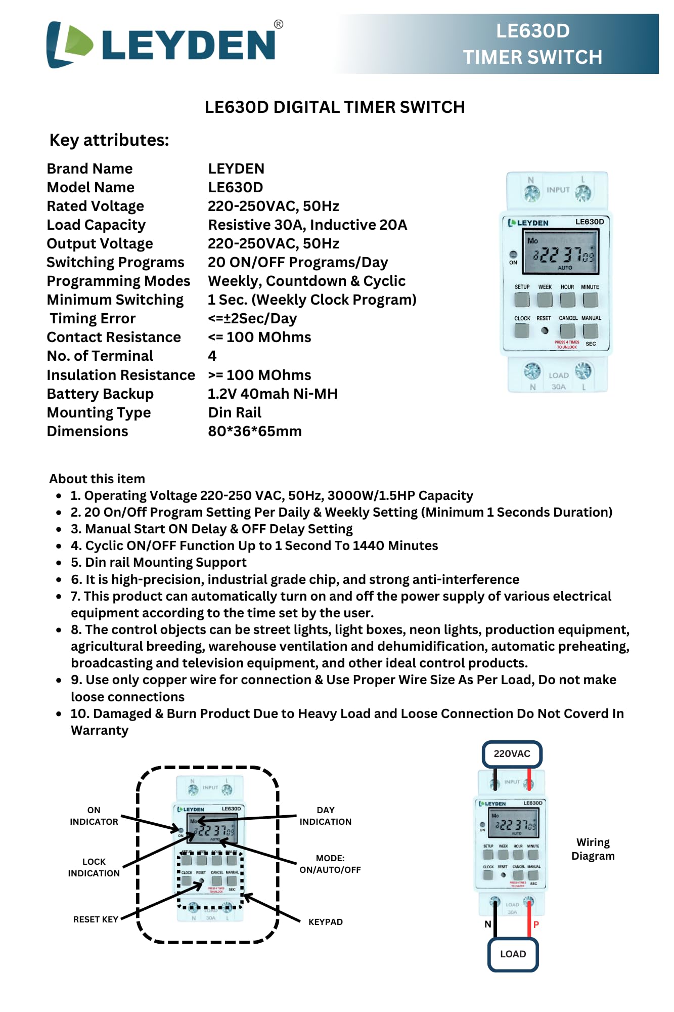 LEYDEN® LE630D, 30A 220VAC Digital Timer Switch 20 ON/Off Programs Daily/Weekly, 1-Second Interval Cyclic & Delay Function (1s–24h) for Bell, Siren, Lights, Motors, Fans, Heaters, Irrigation & Fogger — Amazon image 6