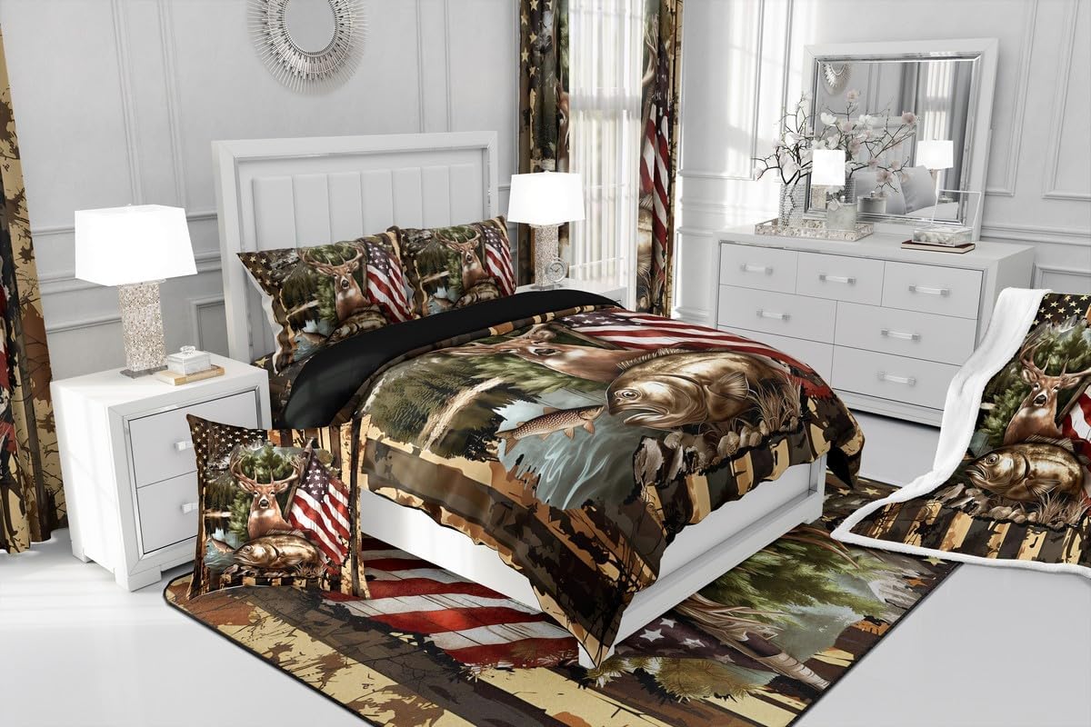 Feelyou Cute Deer Comforter Set All Season Pike Fish Bedding Set with 2 Pillow Cases Fishing and Hunting Microfiber Kids Full Bedclothes Farmhouse Lodge Country Bedroom Decor Duvet Quilt Soft
