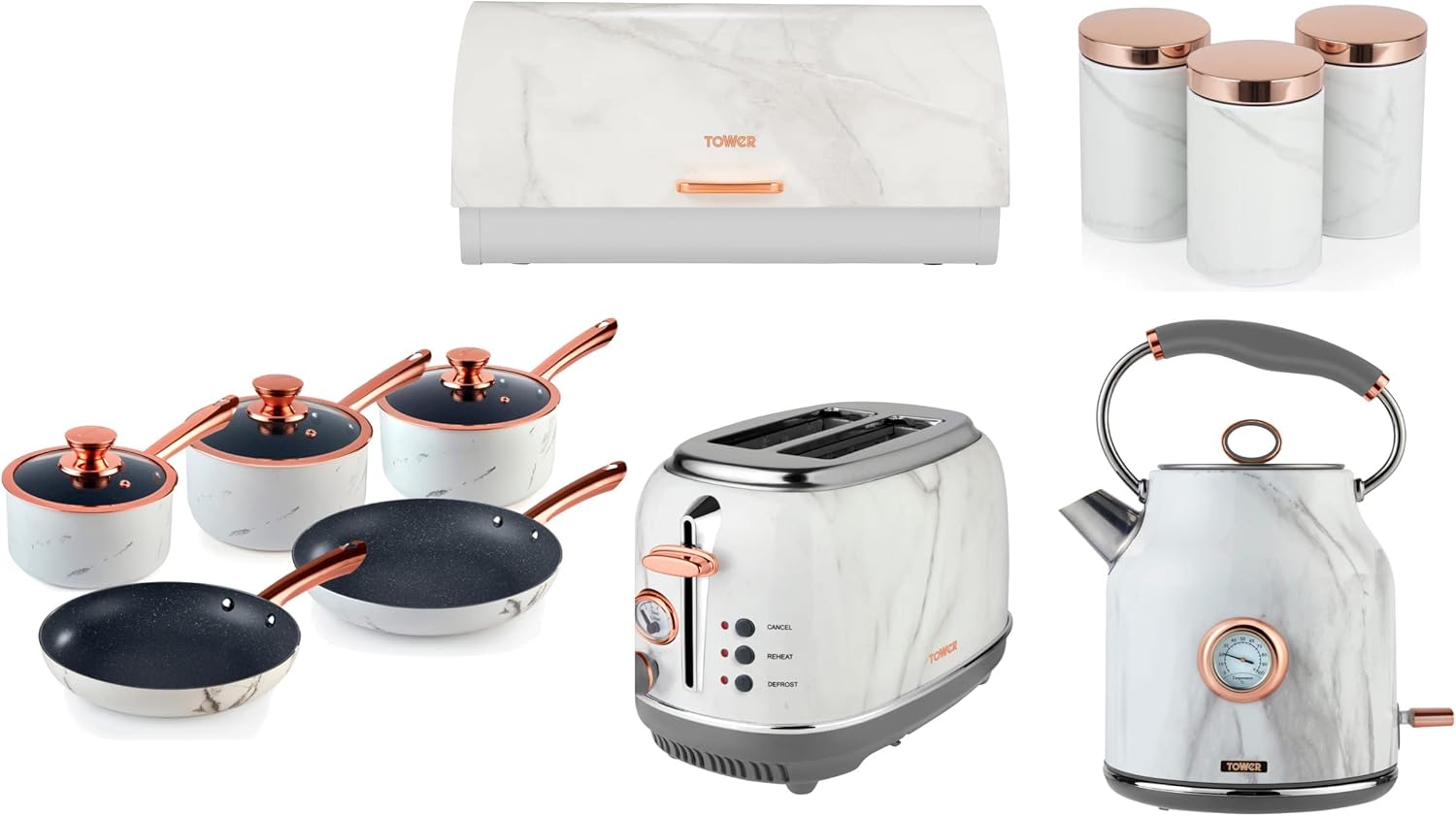Tower Marble & Rose Gold Kettle, 2 Slice Toaster, Bread Bin, 3