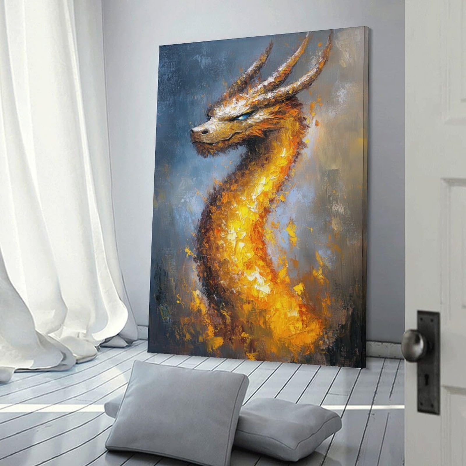 Junmoney Frame-Style-16-1 Fiery Dragon Portrait Painting Wall Art Print, 20X30inch(50X75cm), For Office, Study Or Home Workspace, Decorative Artwork For Productive Spaces